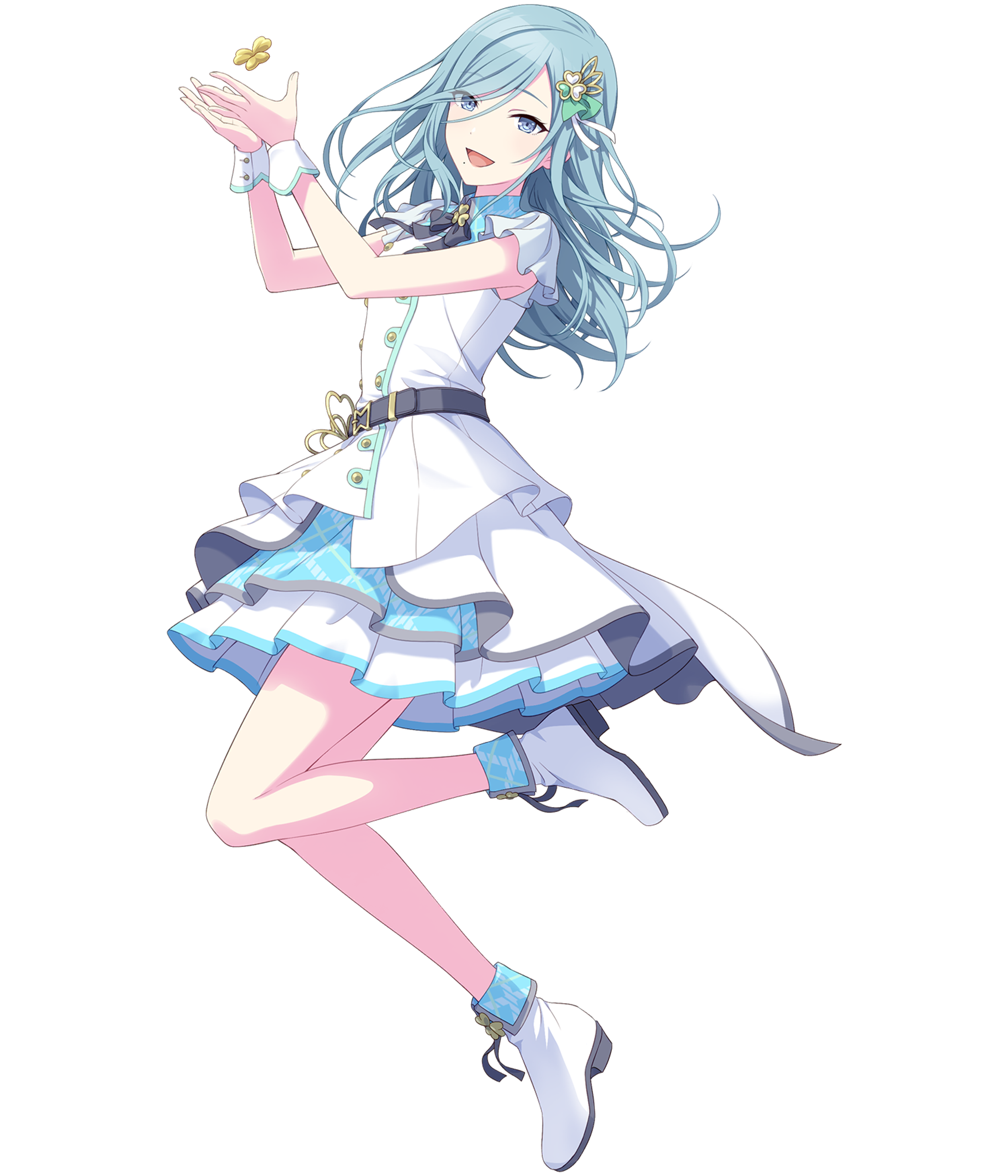 An anime-style character with light blue hair in twin tails, wearing a white dress with blue and pink ruffles.