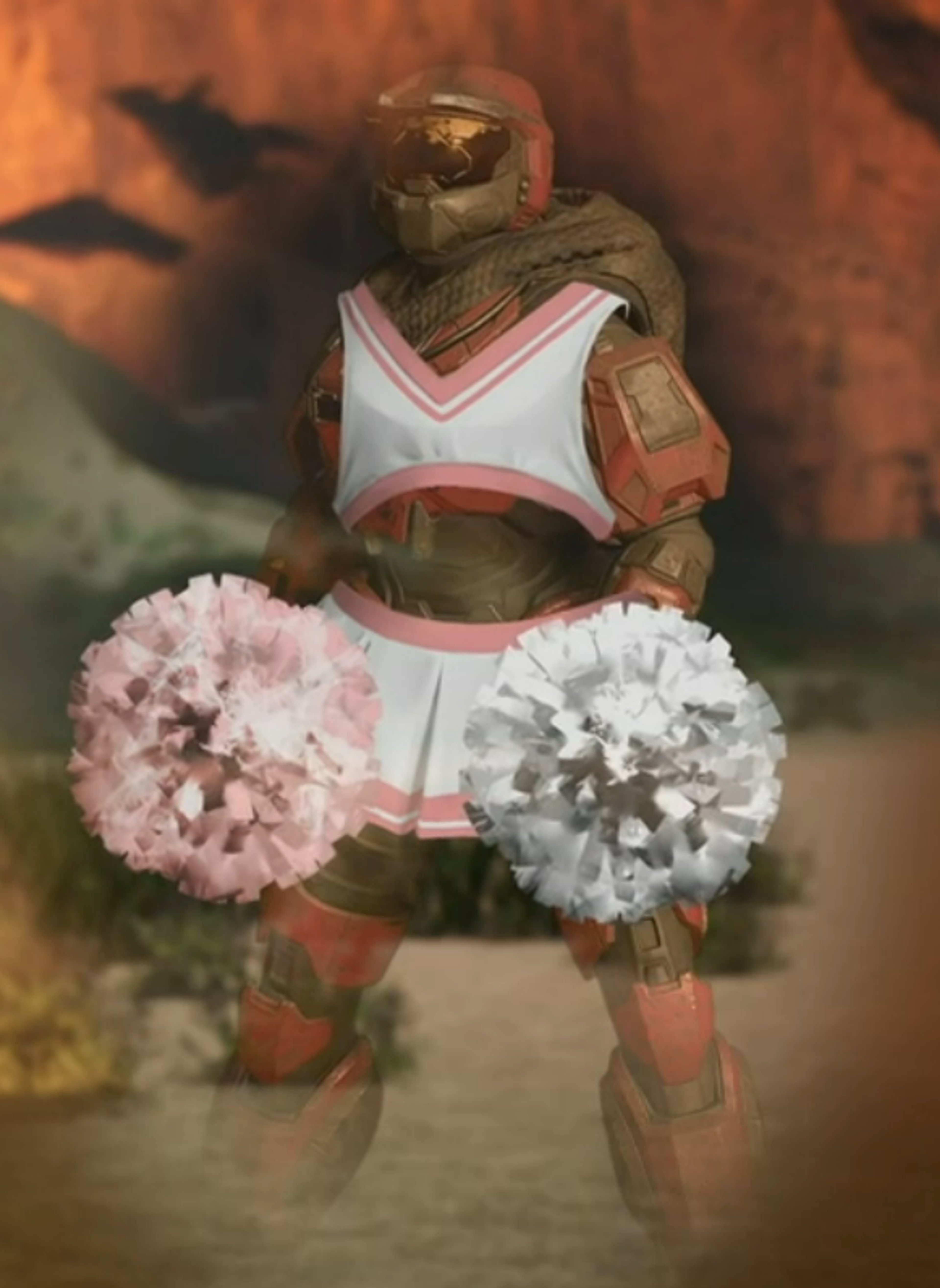 A character in bright pink armor holding white pom-poms