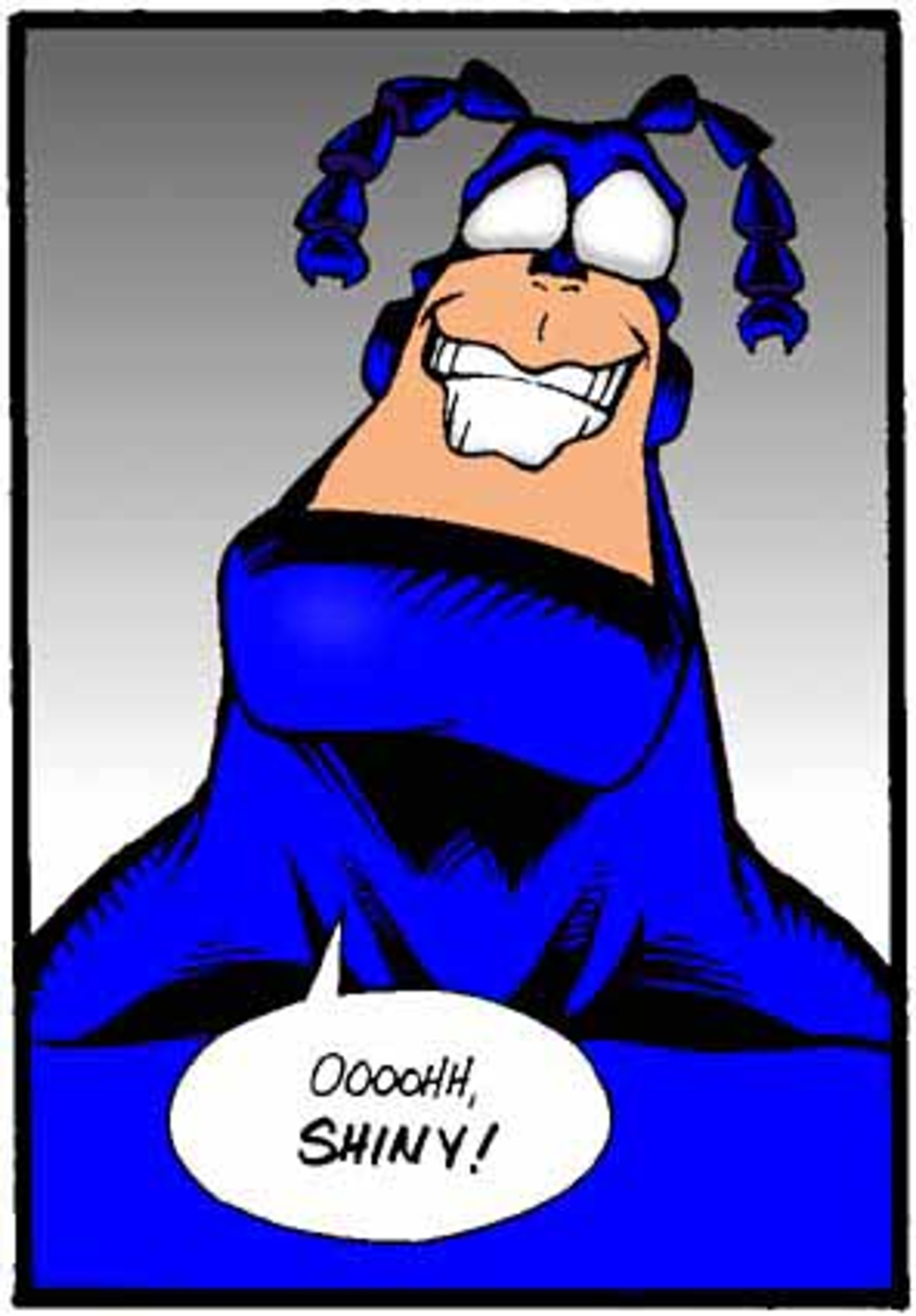 A large, blue-clad superhero character with antennae and an enthusiastic expression
