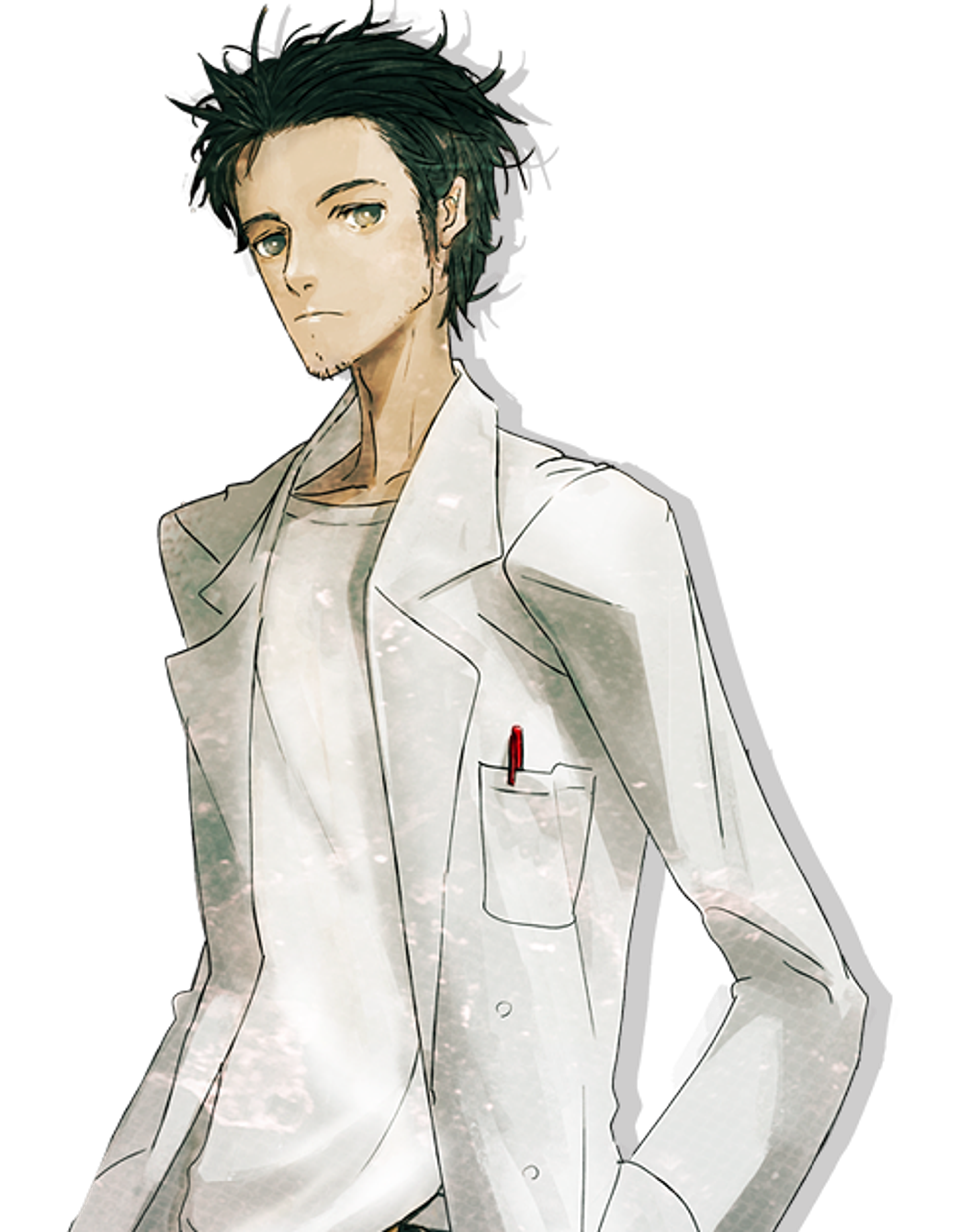 A young man with green hair wearing a white lab coat