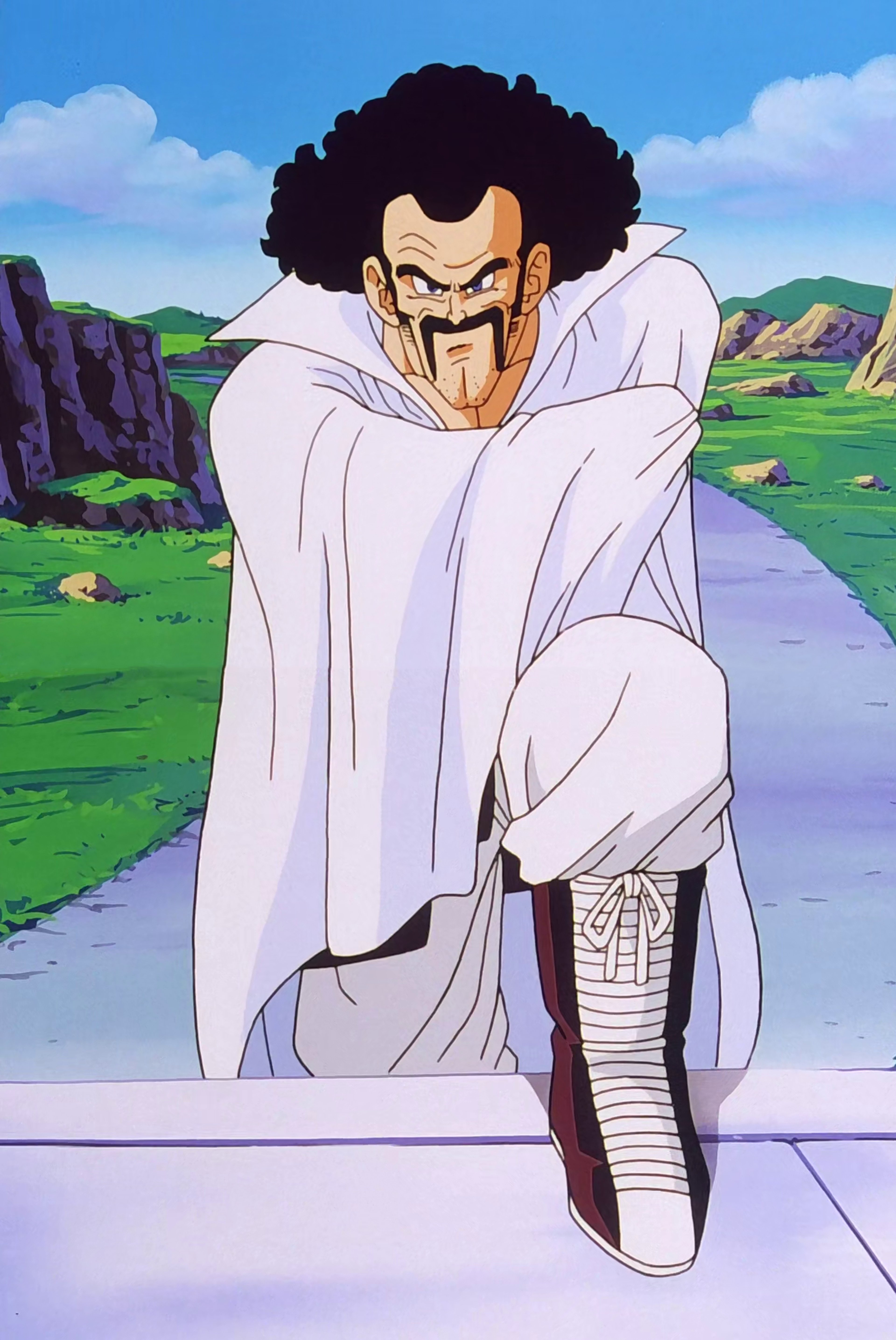 An anime-style character with a muscular build, spiky black hair, and a stern expression, wearing a white martial arts uniform.