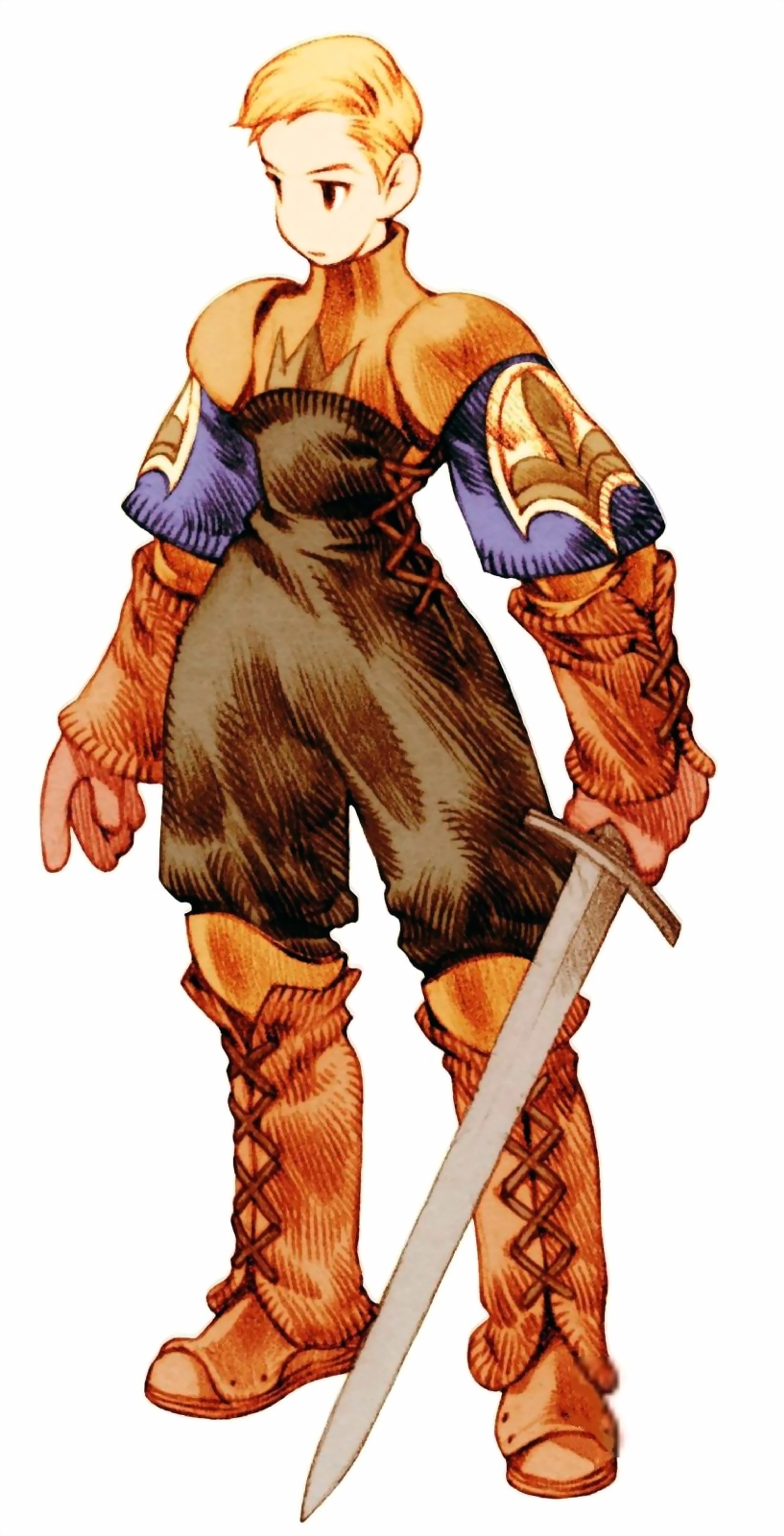 A young knight in armor with blond hair and dark eyes