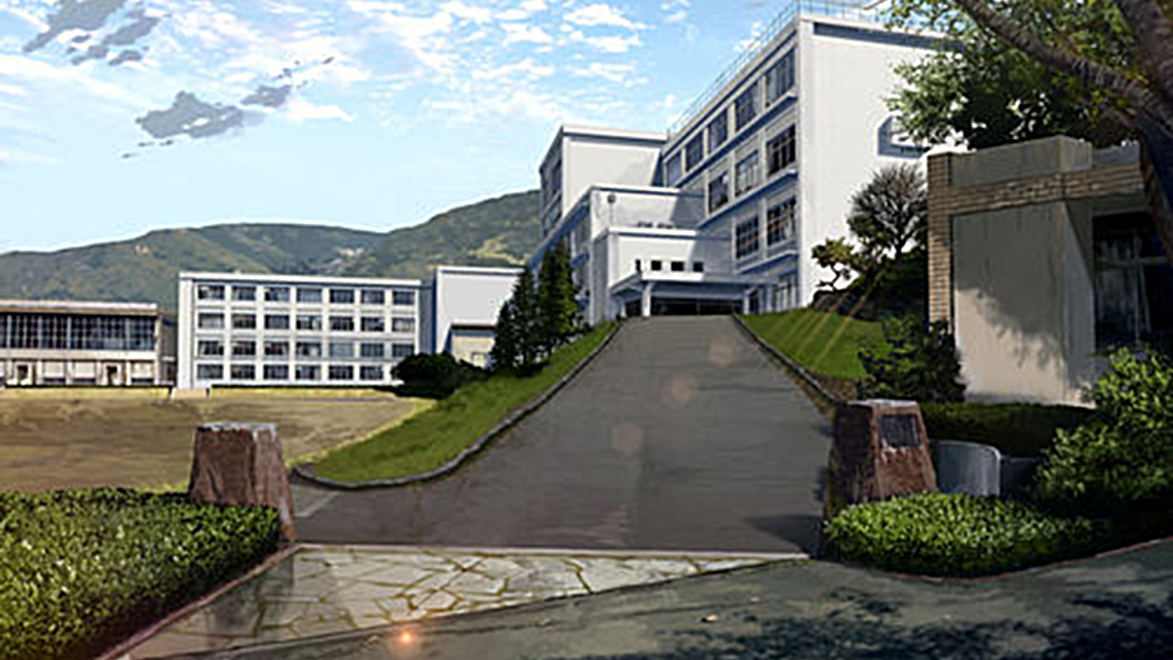 A young woman in a school uniform standing in front of a school building