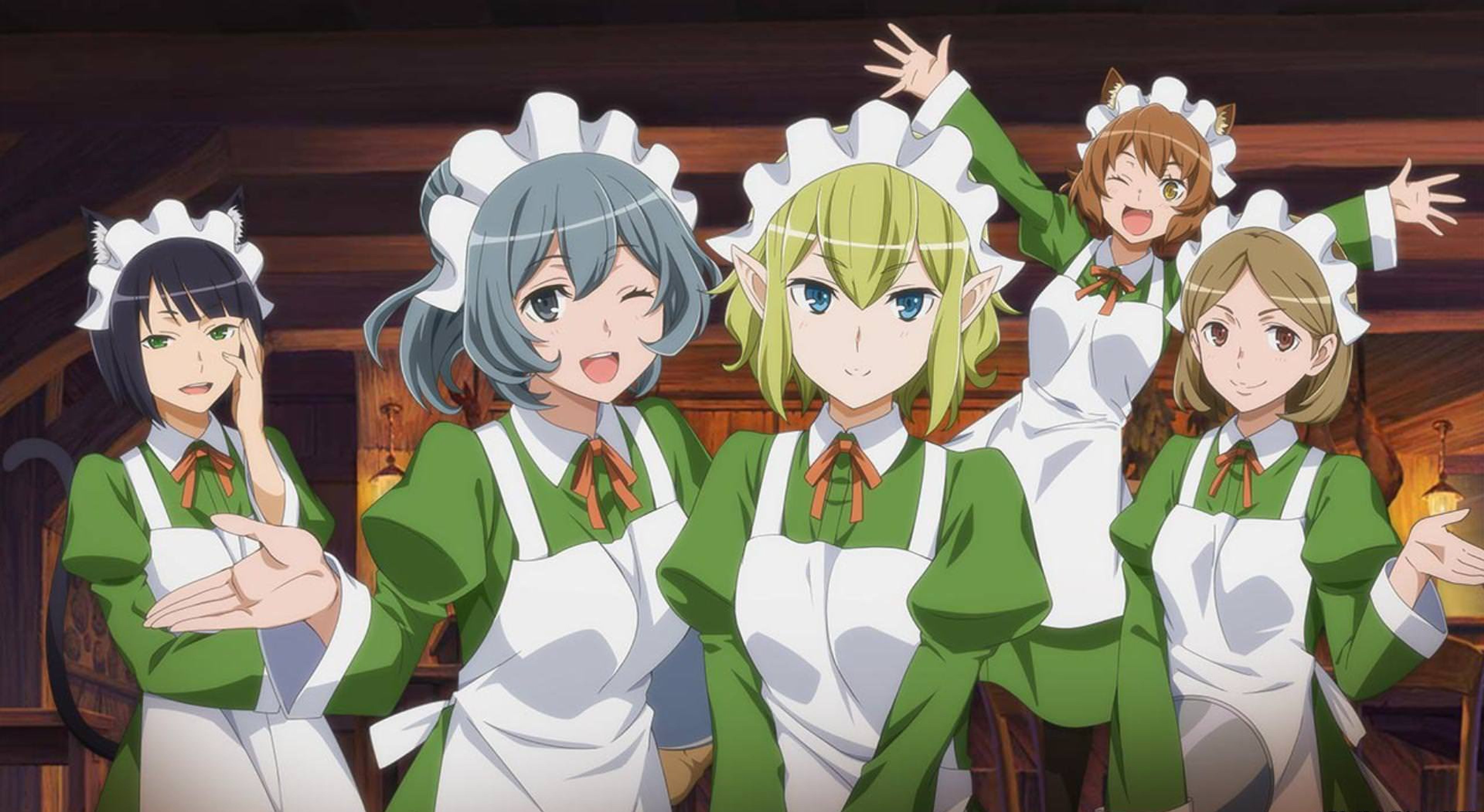A group of five young waitresses in green and white uniforms, smiling and posing together.