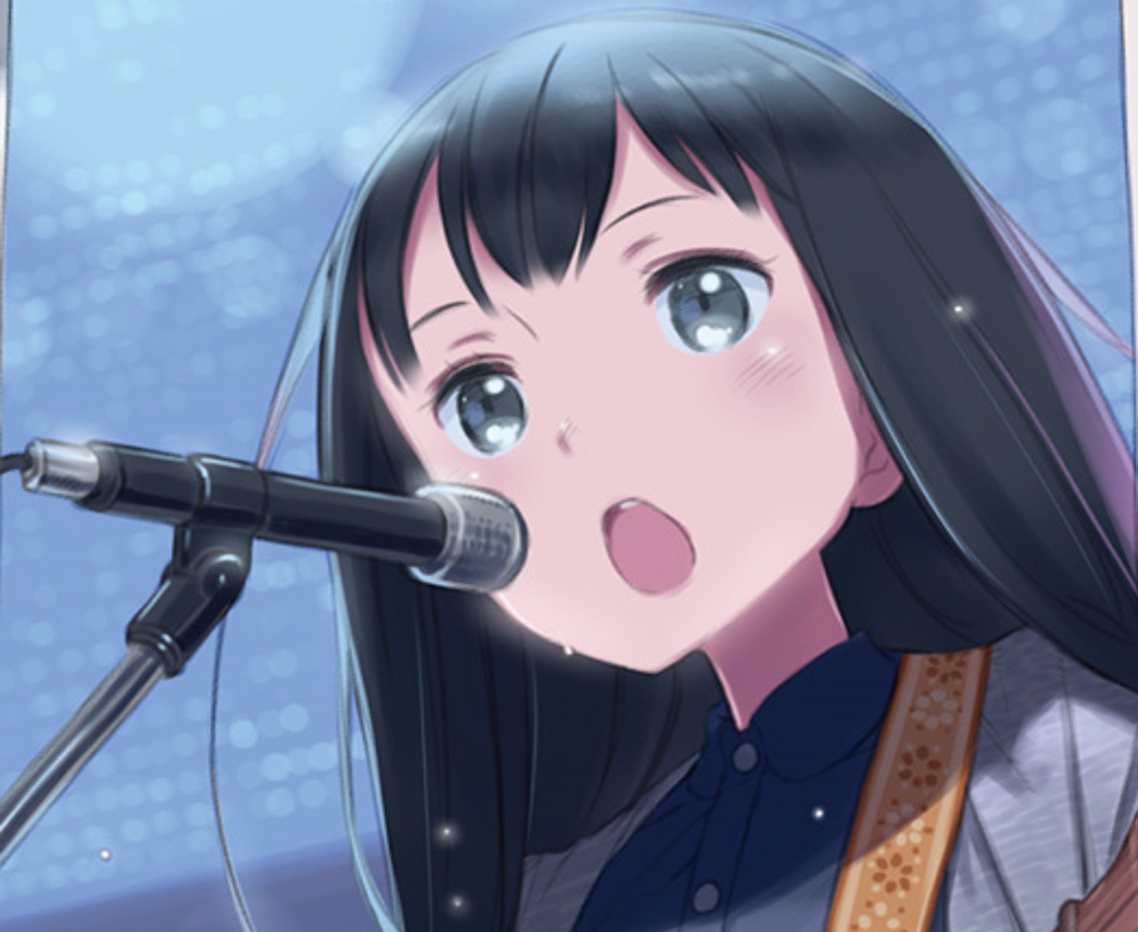 An anime-style character with black hair, tattoos, and combat gear holding a microphone