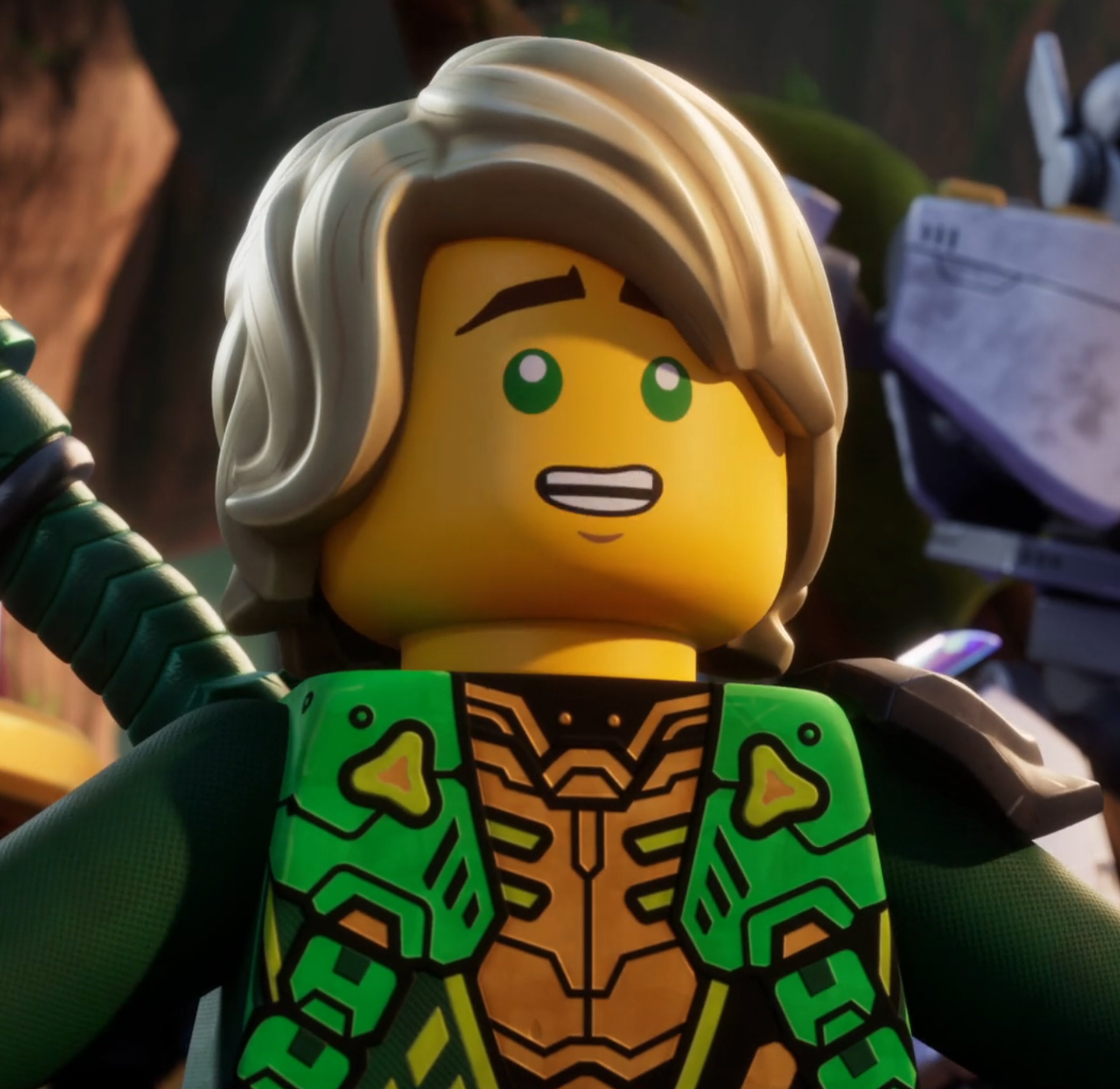 A LEGO minifigure character in a green ninja outfit