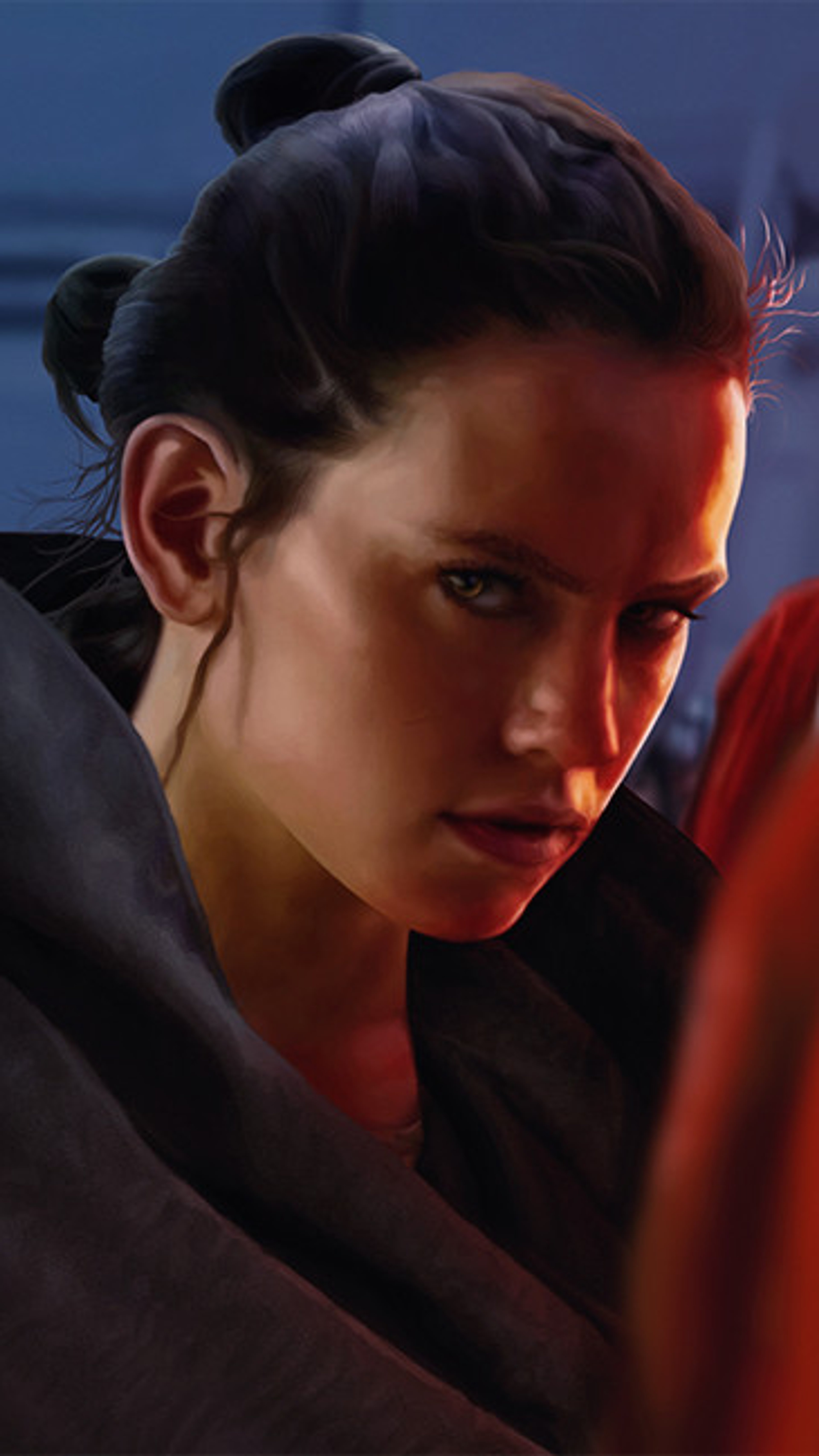 A young woman with dark hair and an intense expression, wearing a dark Sith-style robe or cloak.