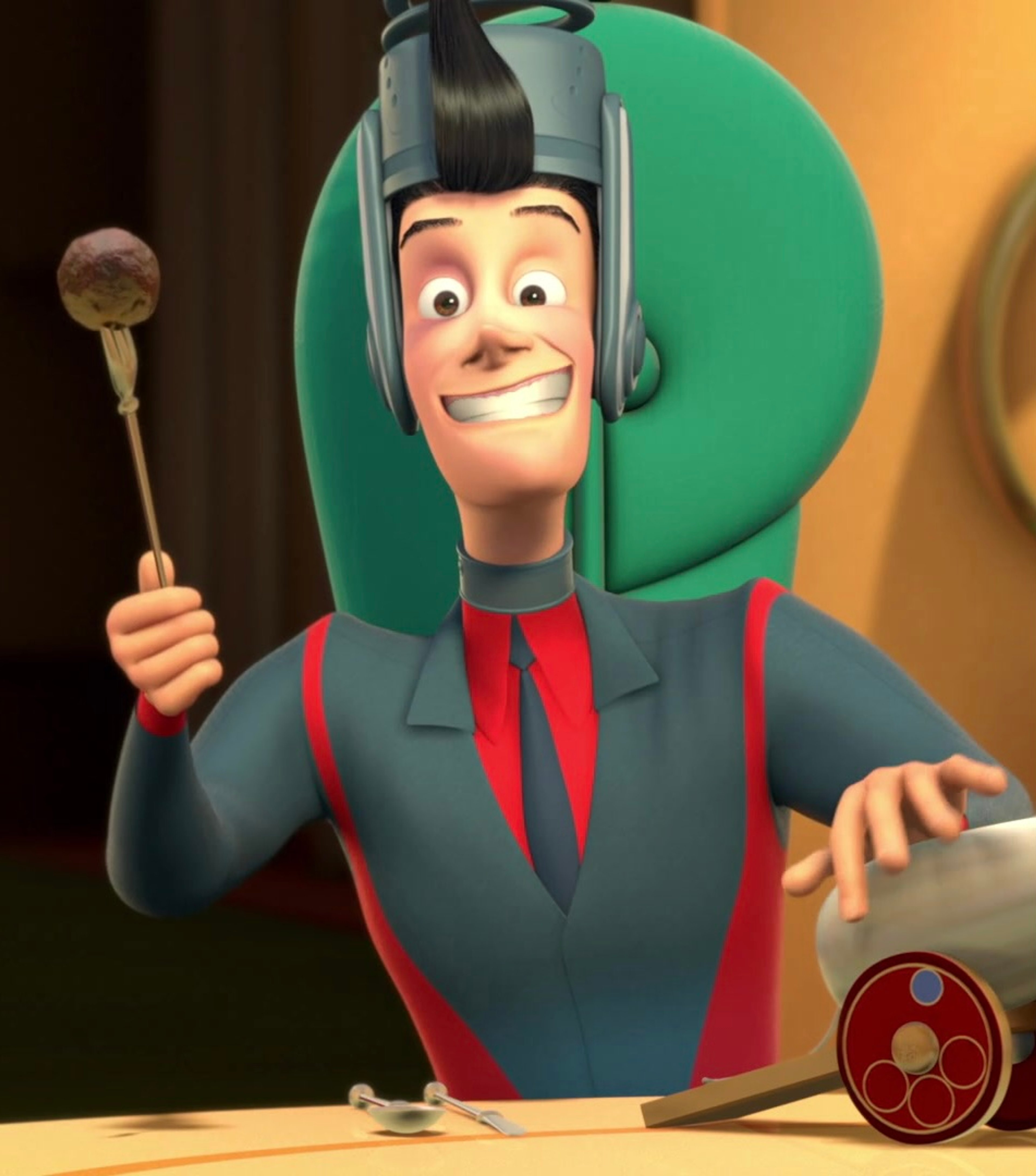 An animated character named Gaston Framagucci, a middle-aged man with a large, muscular build, wearing a red suit and tie and holding a mallet or small cannon.