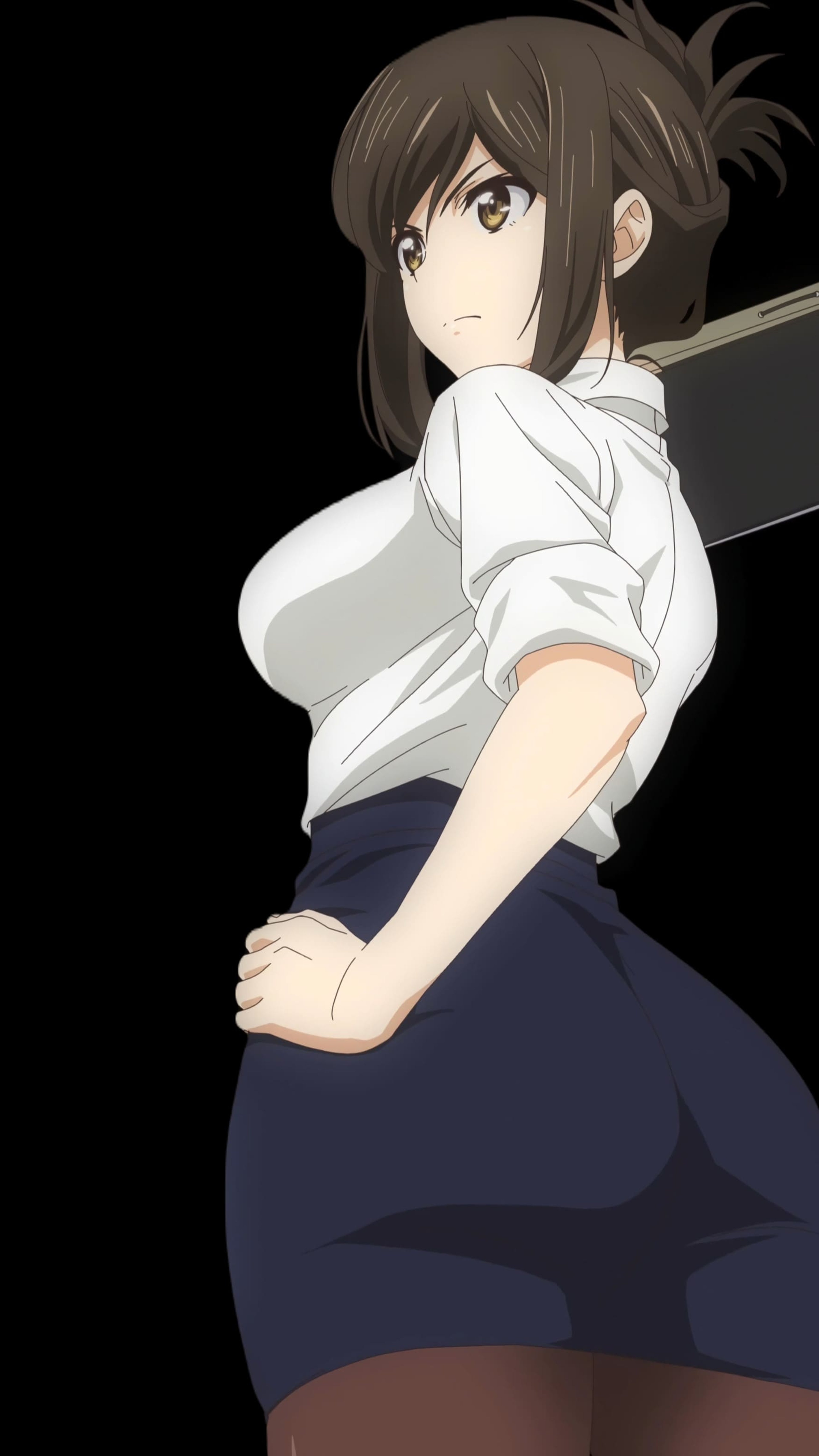 A young woman with dark hair wearing a white blouse and navy blue skirt in a school setting.