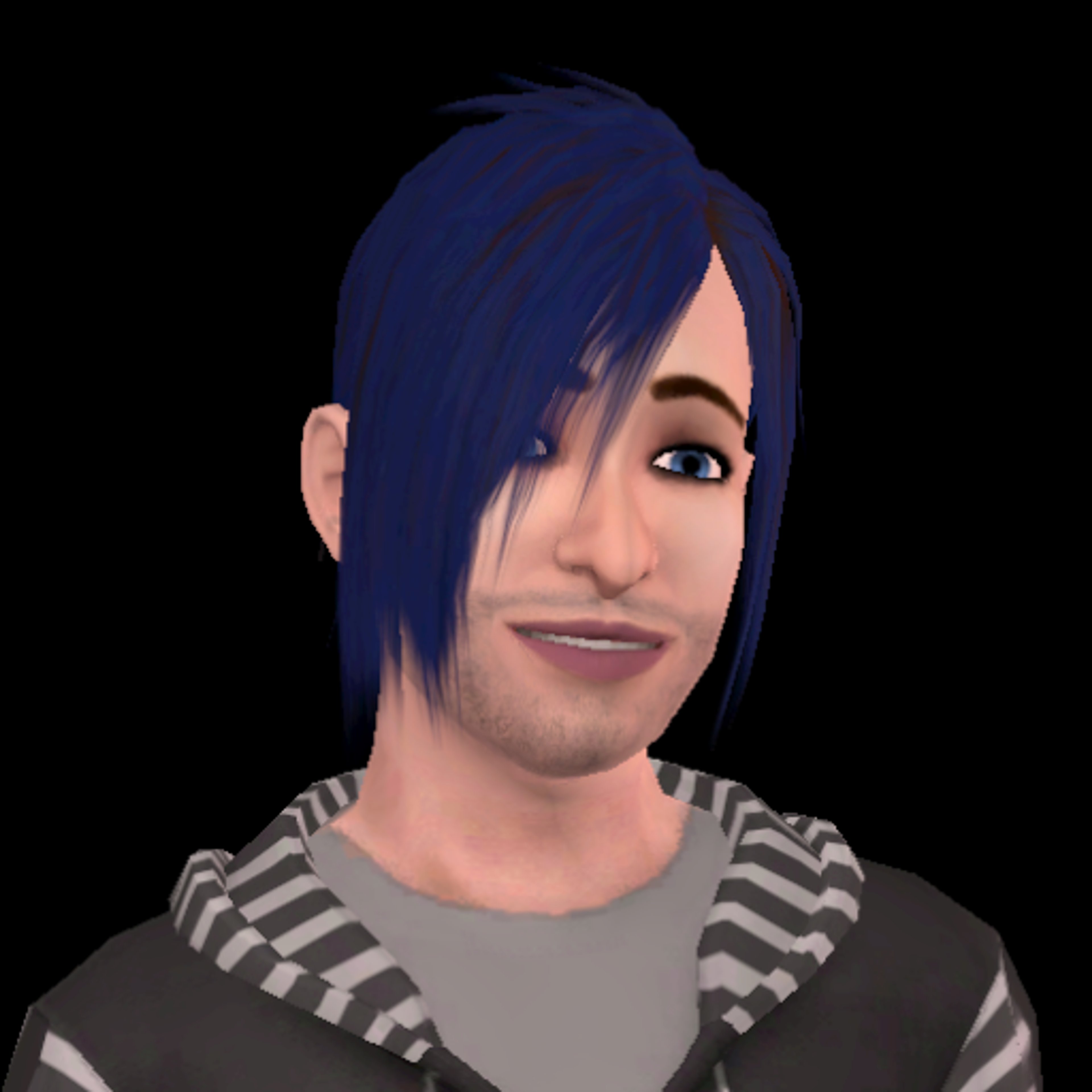 A young adult male character with pale skin, intense brown and blue-streaked hair, and an eager expression.