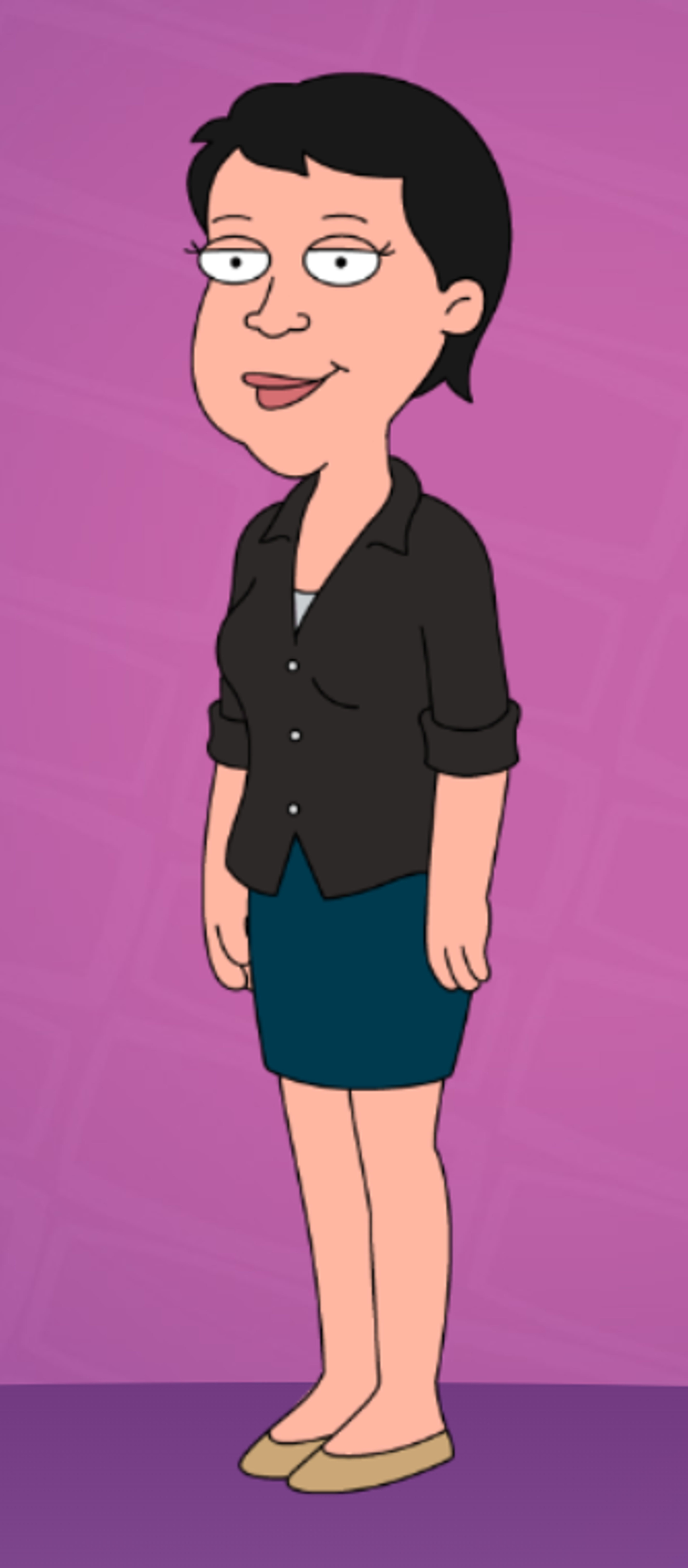 Cartoon illustration of a woman with dark hair wearing a black shirt