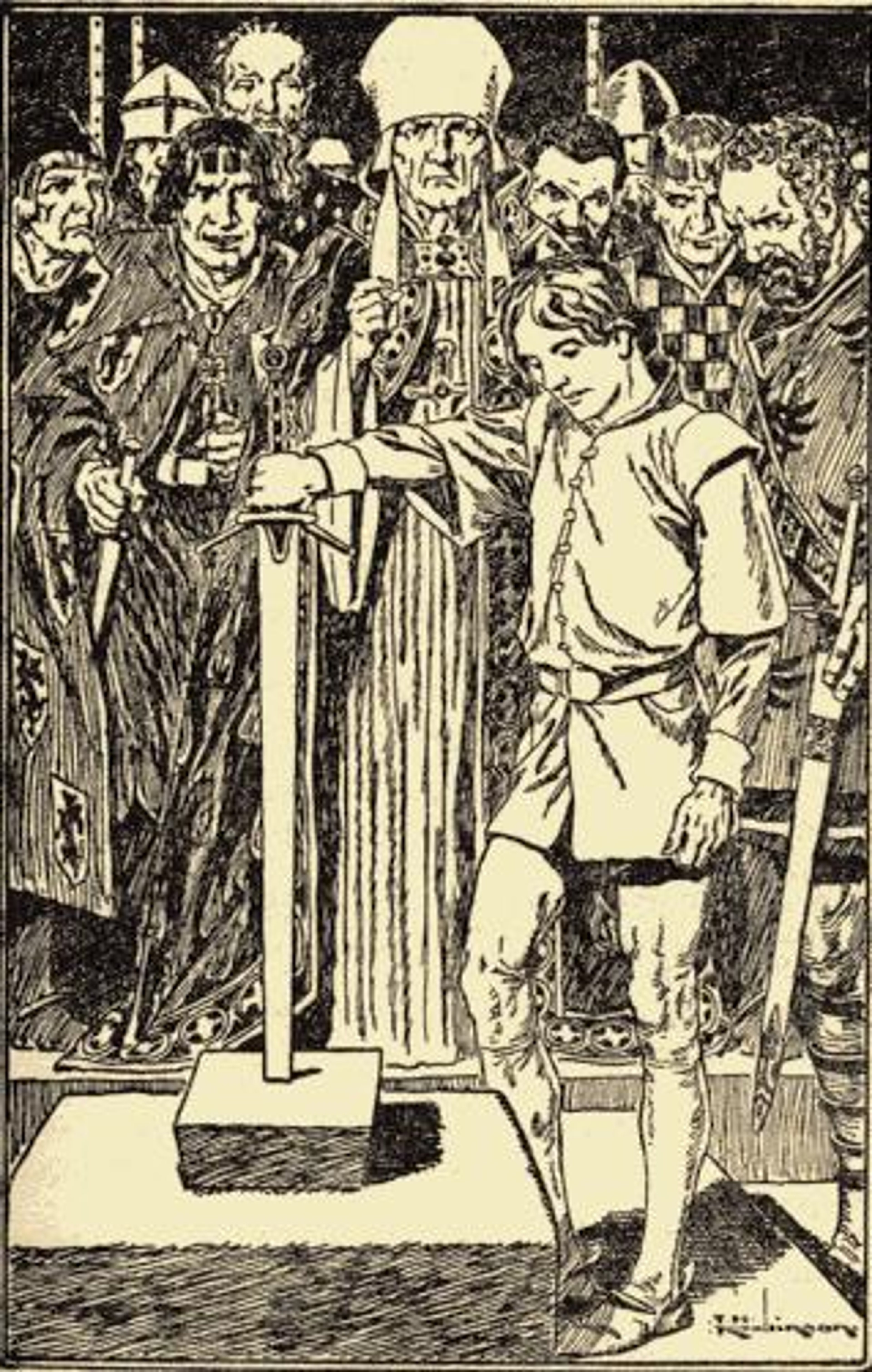 A medieval illustration of a young man surrounded by a crowd of older men, likely depicting the legendary King Arthur Pendragon.