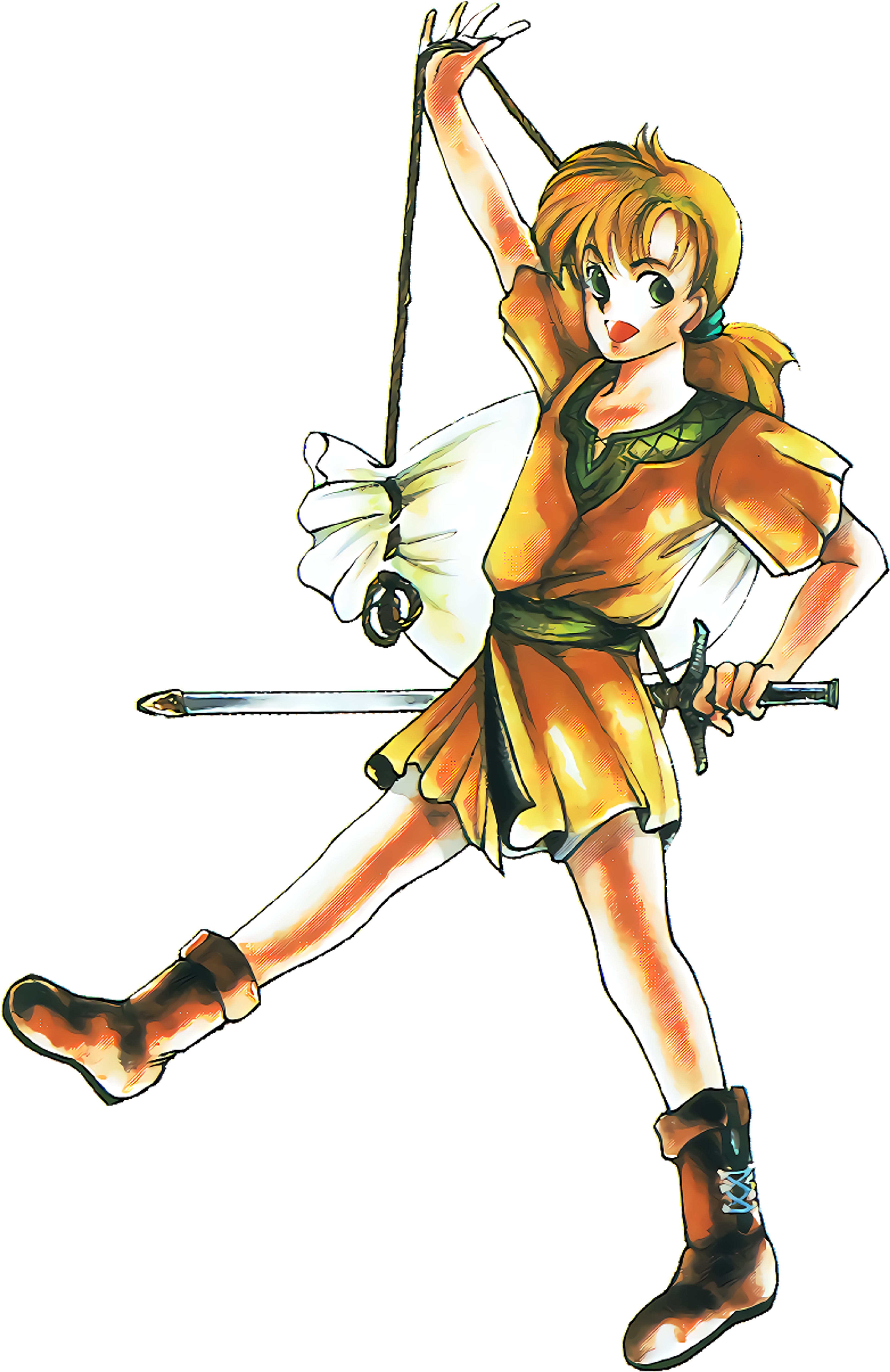 An anime-style female character with orange hair in a ponytail, wearing a green tunic and brown boots, posed in an action-oriented stance.