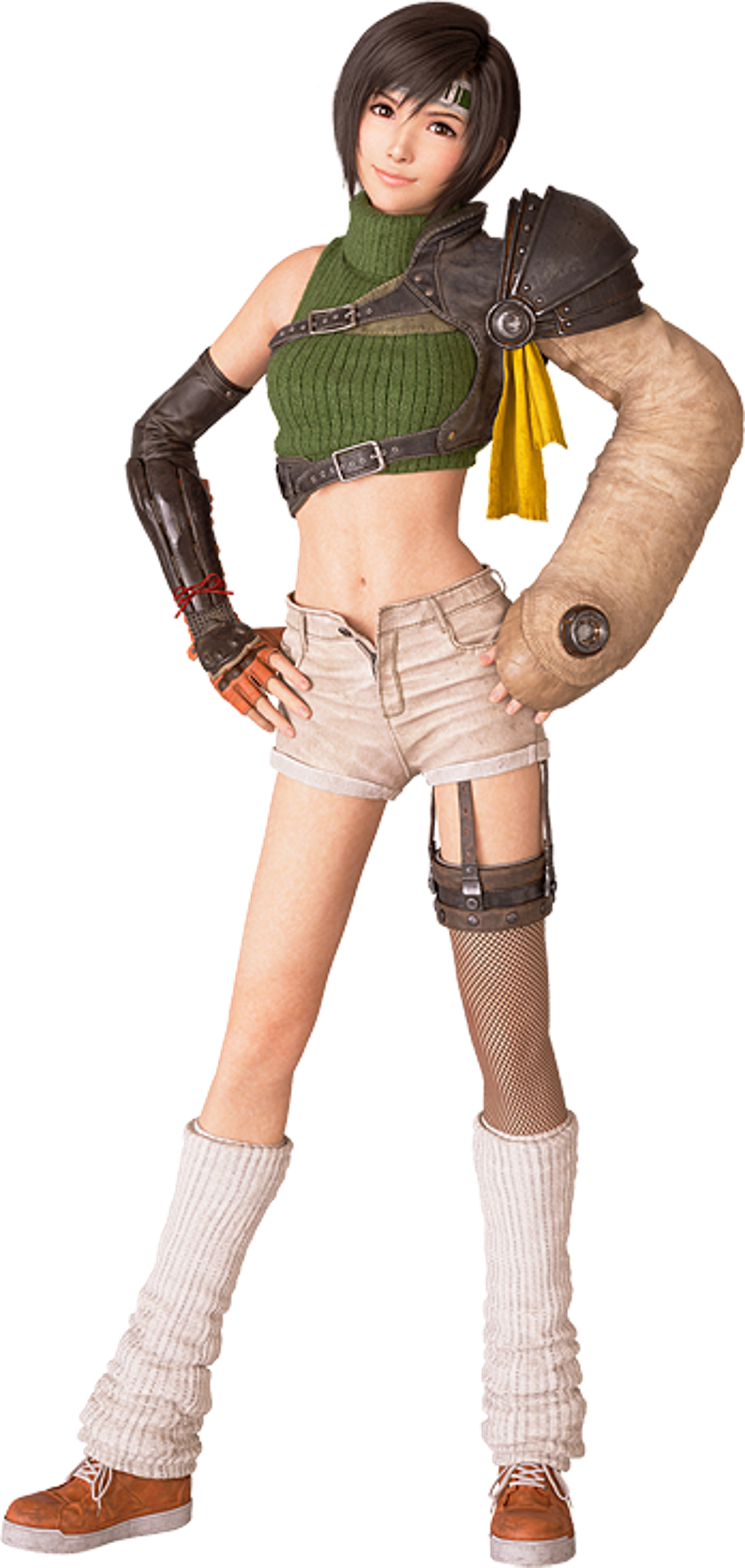 A young woman with short dark hair wearing a green crop top, brown shorts, and white leg warmers, posing with a mischievous expression.