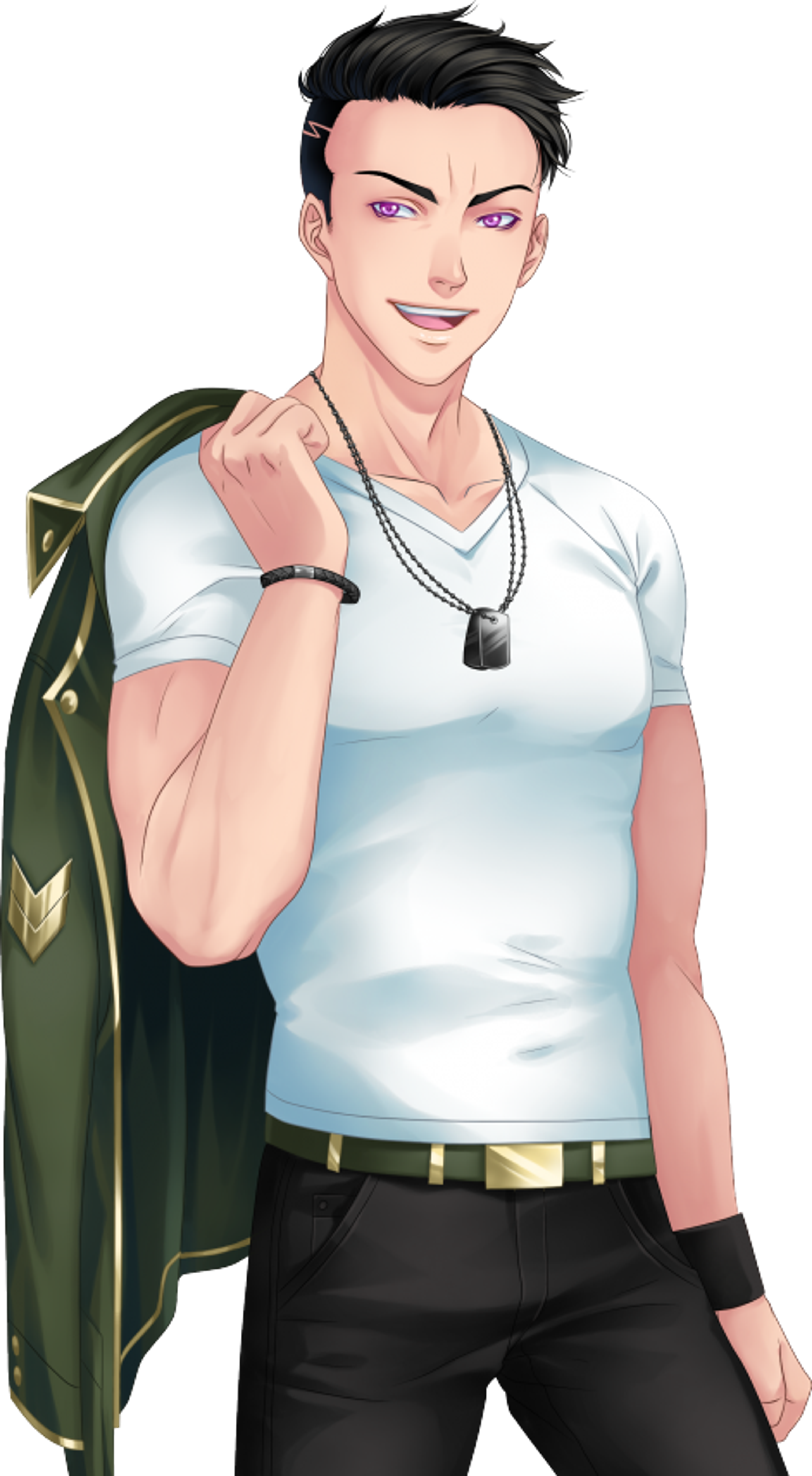 A young man with black hair and pink eyes, wearing a white tank top and standing with a confident, military-like posture.