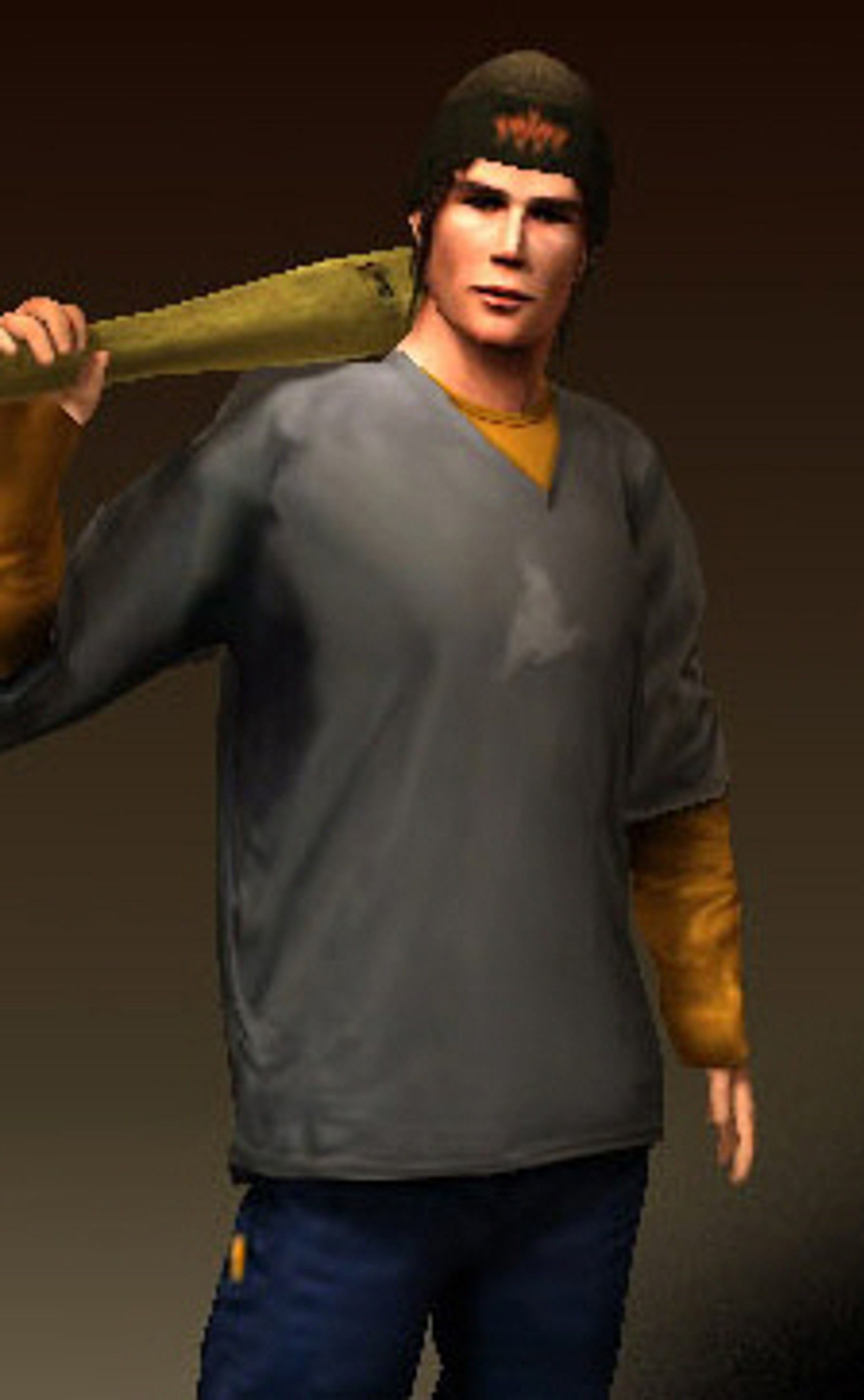 A young man with short dark hair wearing a gray shirt and red bandana, holding a pipe or bat-like object.