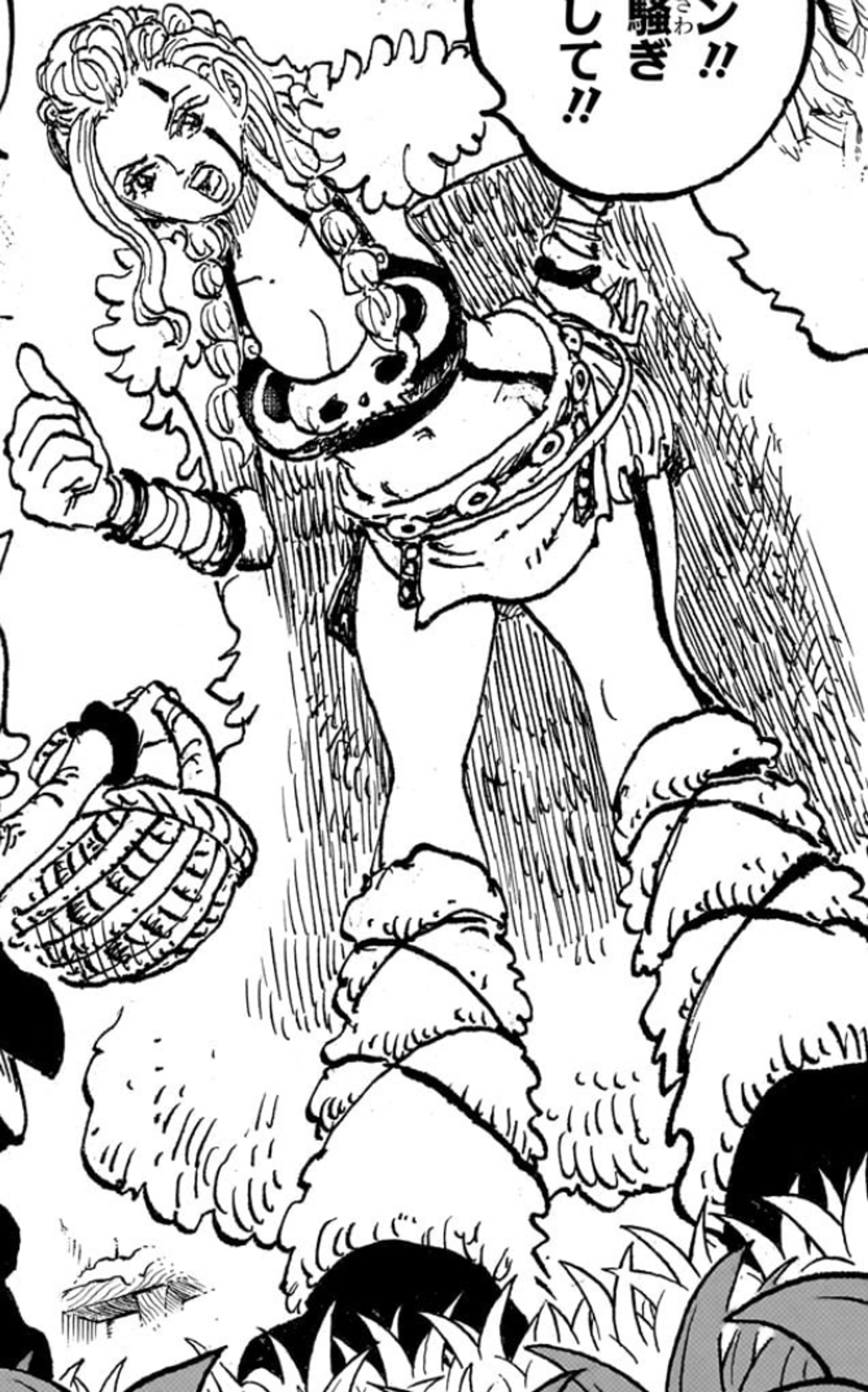 A large, tattooed female character with a warrior-like appearance