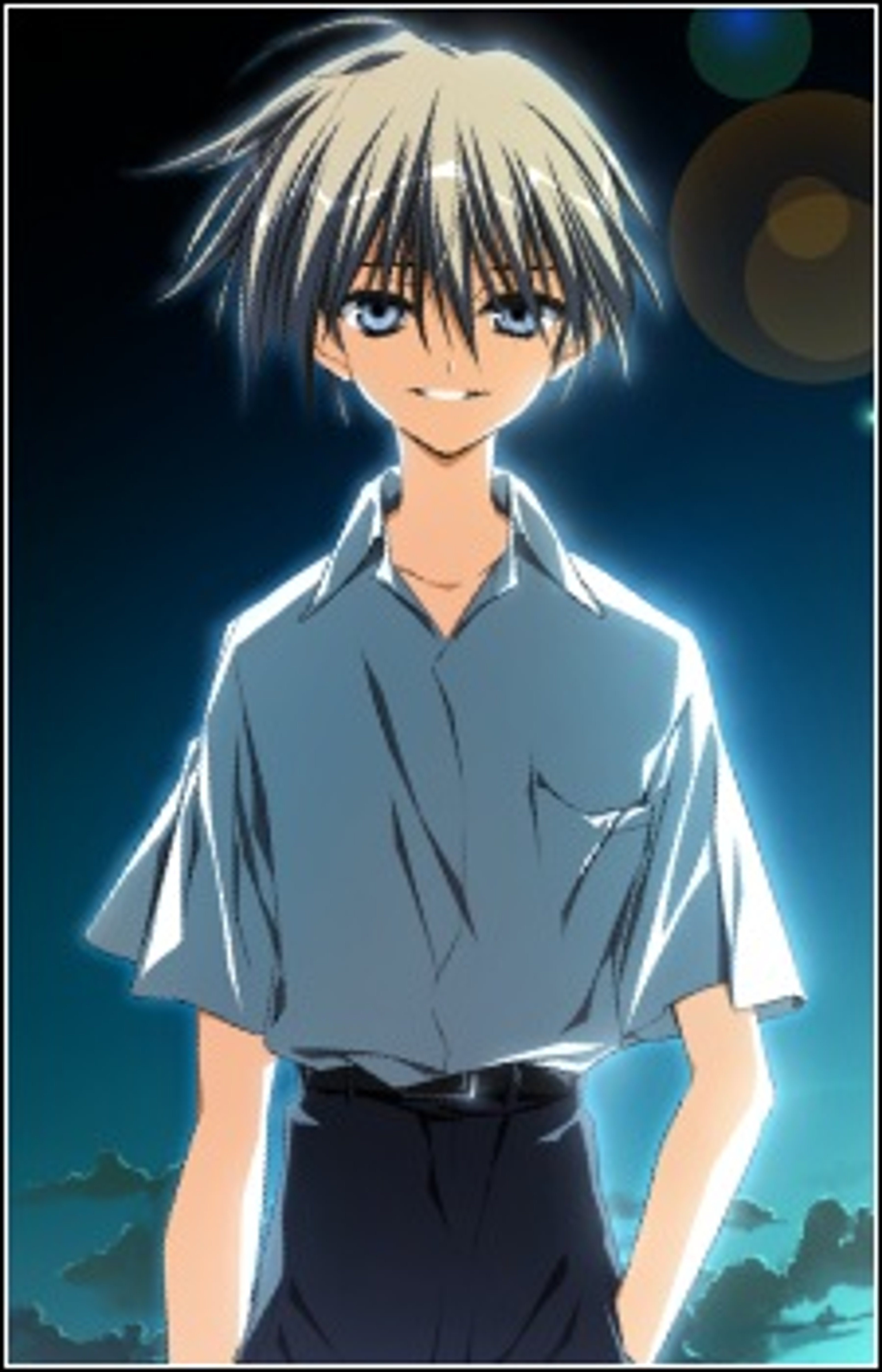 An anime-style character with silver hair and a serious expression