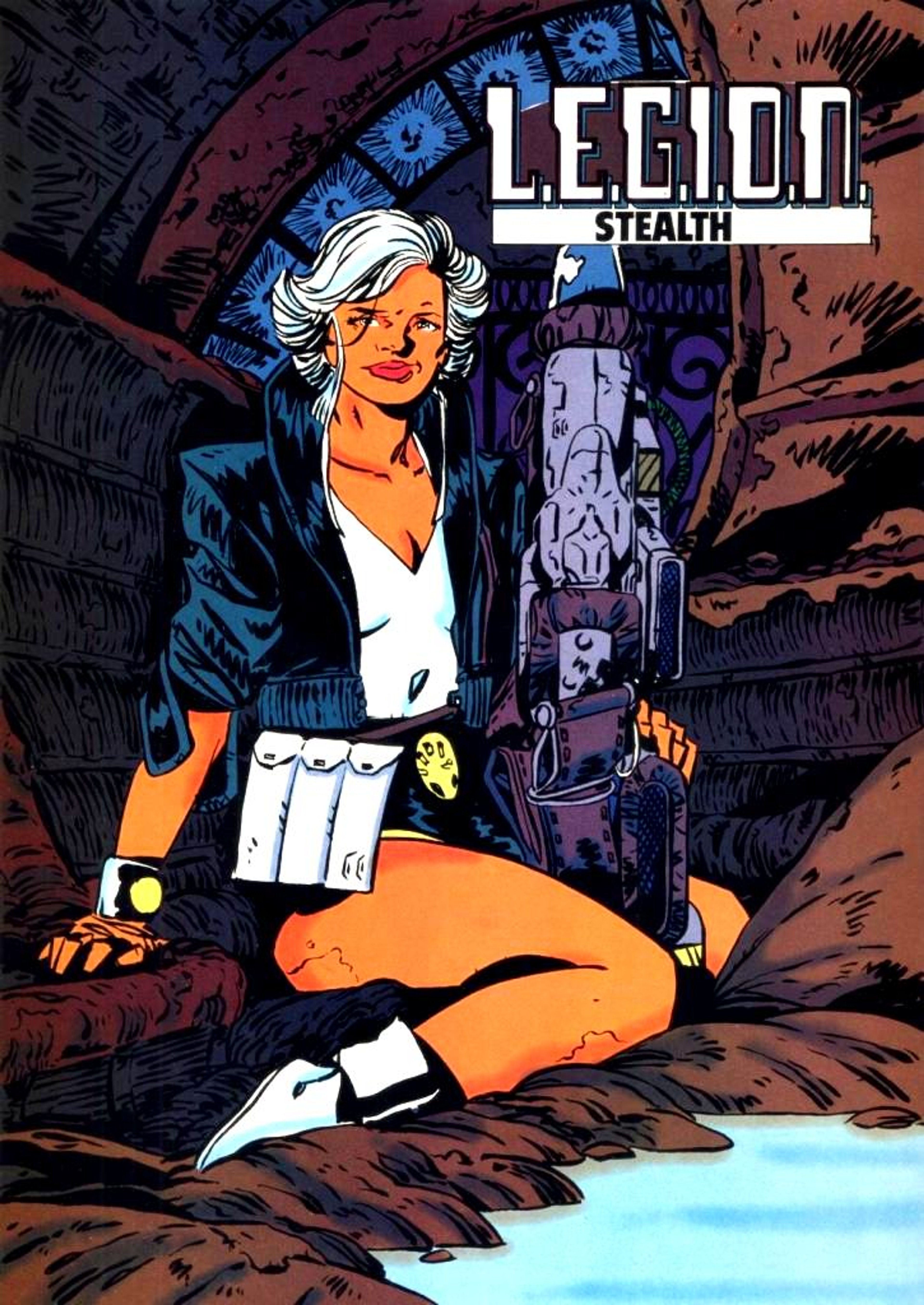 A female character with white hair and an orange outfit sitting on the ground in a confident pose.