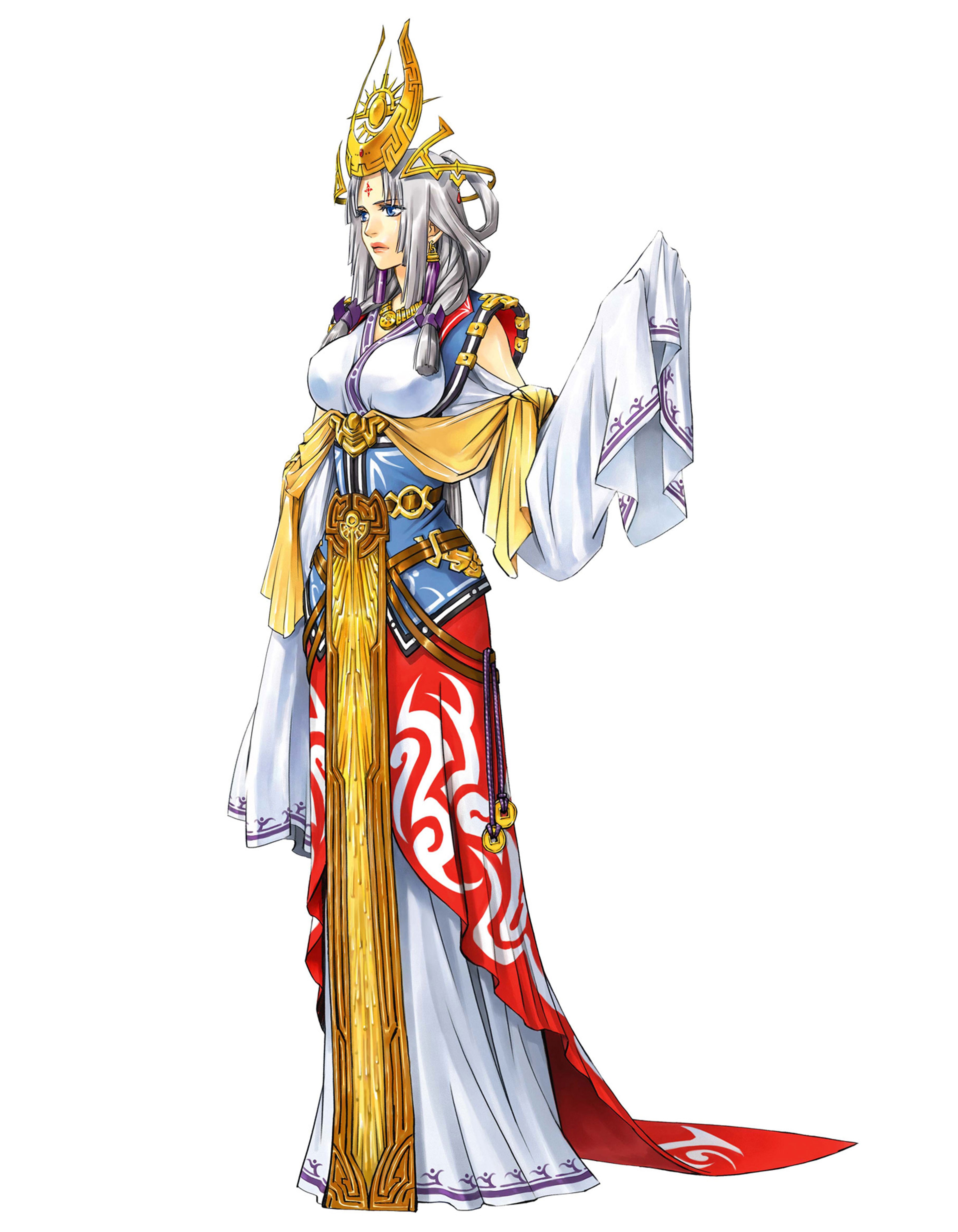 A powerful, regal female character with long white hair and an elaborate, ornate outfit holding a sword or scepter.