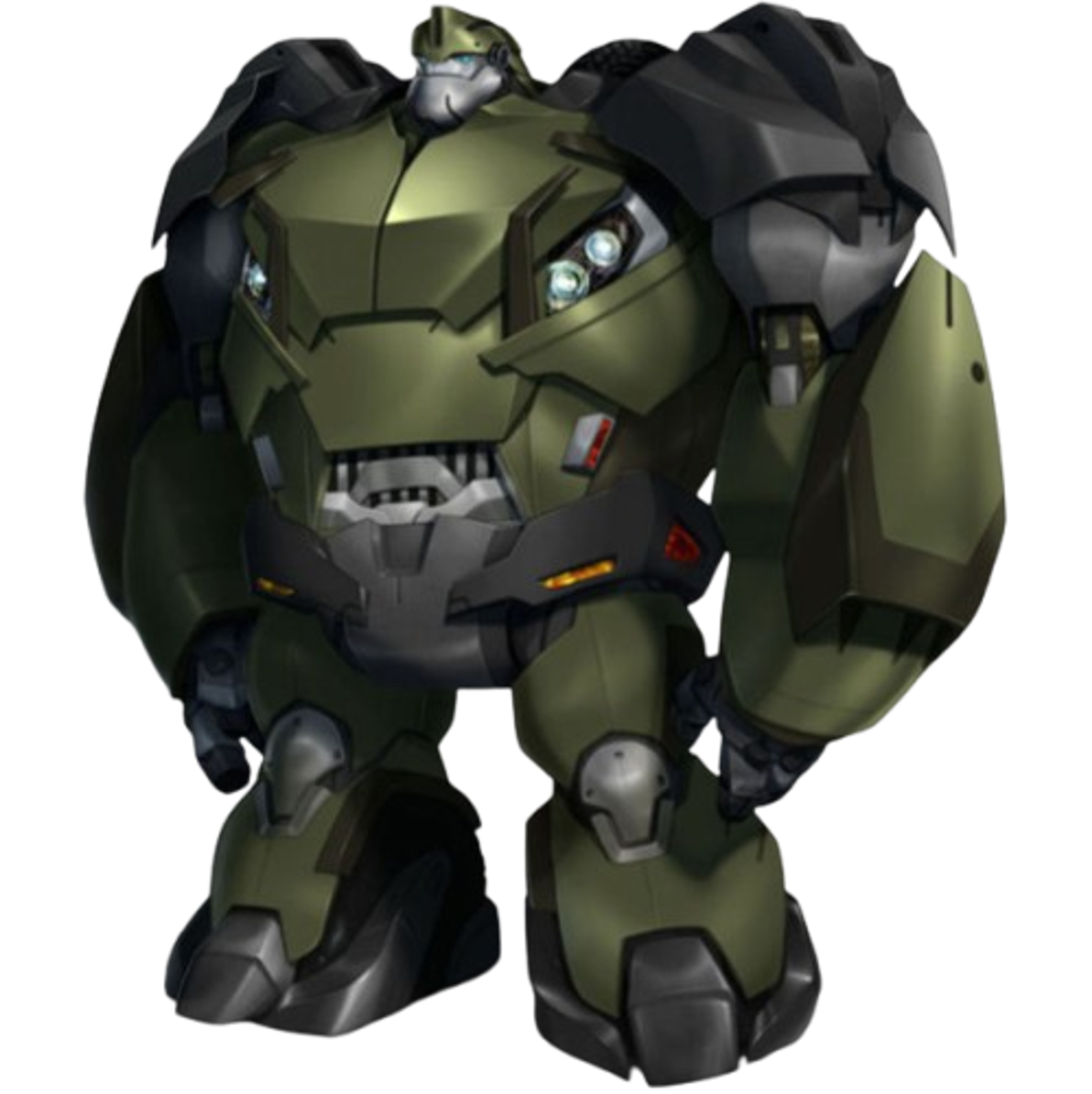 A large, green armored robot with a bulky, muscular frame and glowing blue eyes.