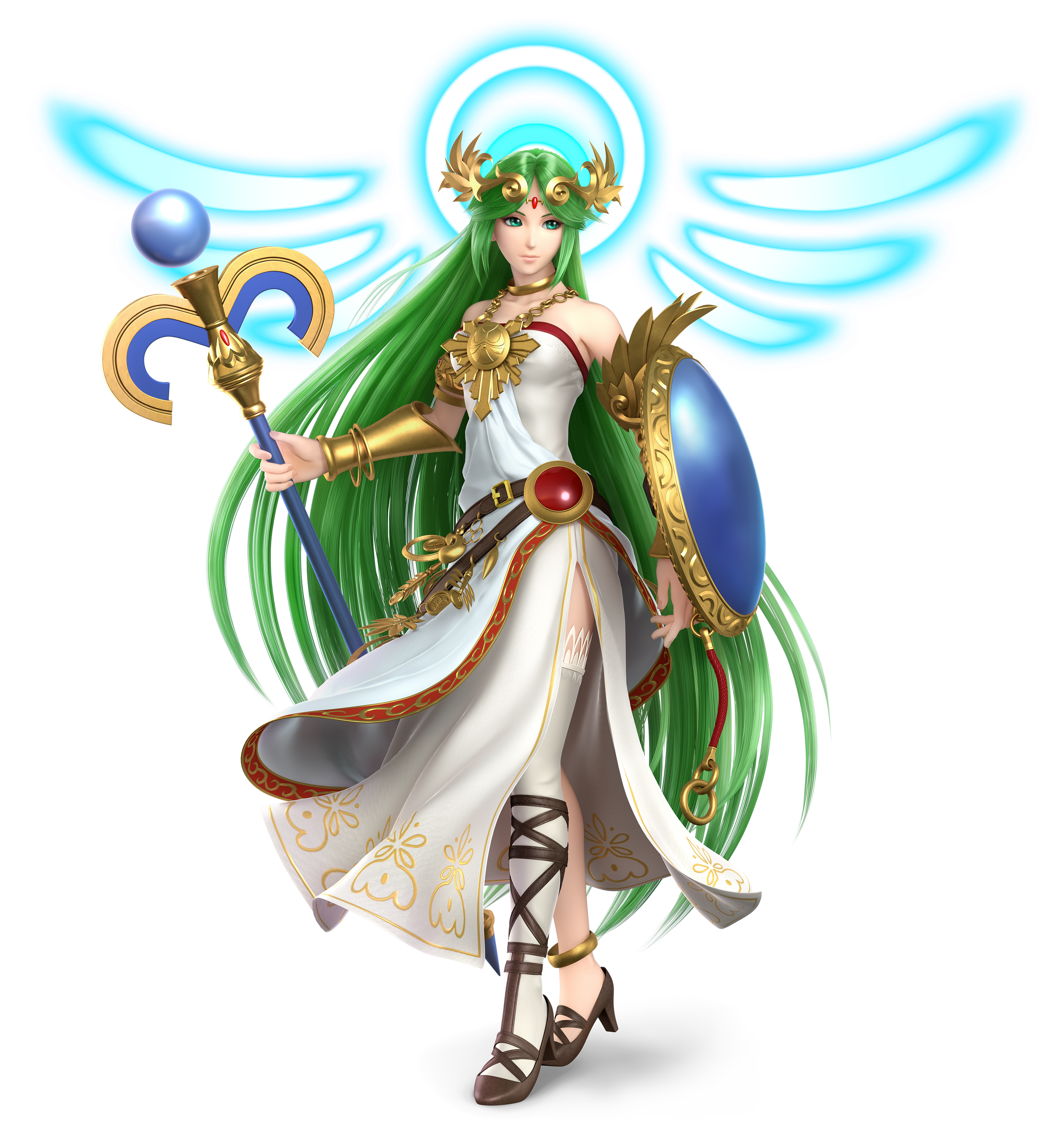 An angelic female character with green hair and wings, holding a golden scepter.