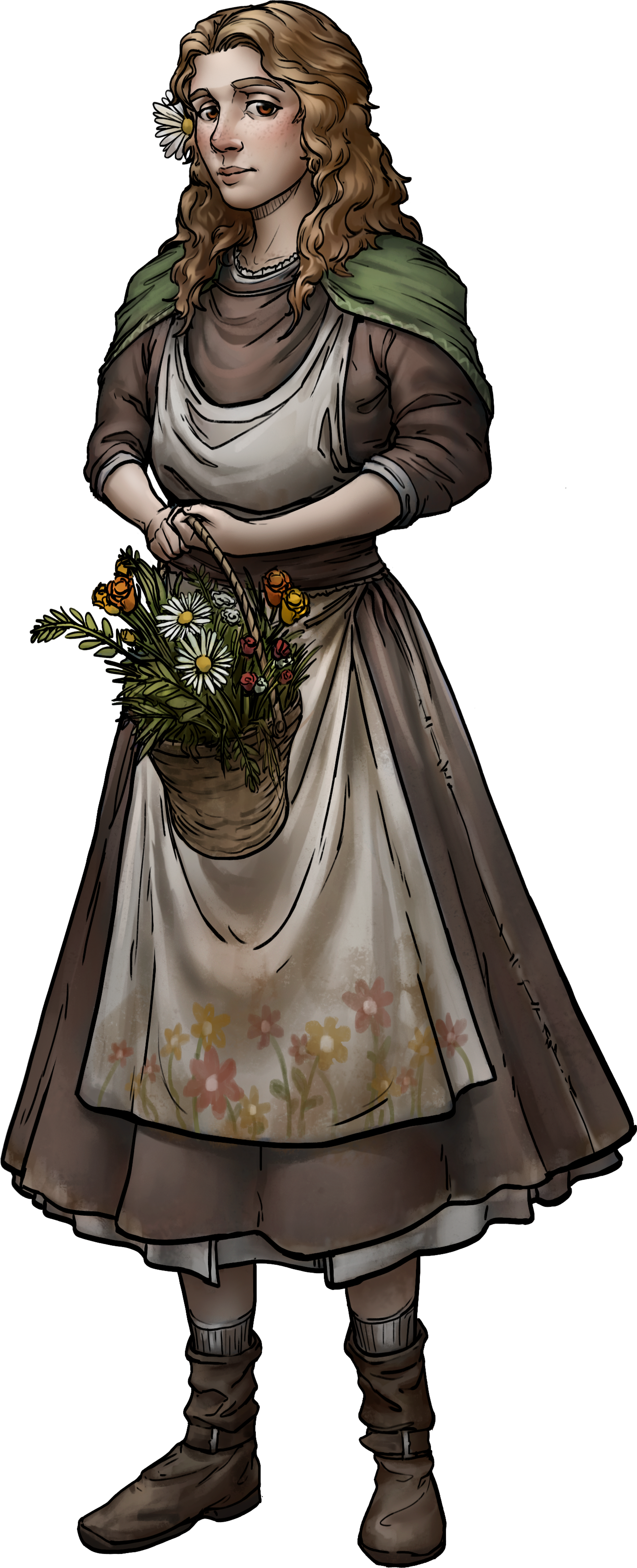 A young woman with curly blonde hair wearing a long brown dress and white apron, carrying a bouquet of daisies