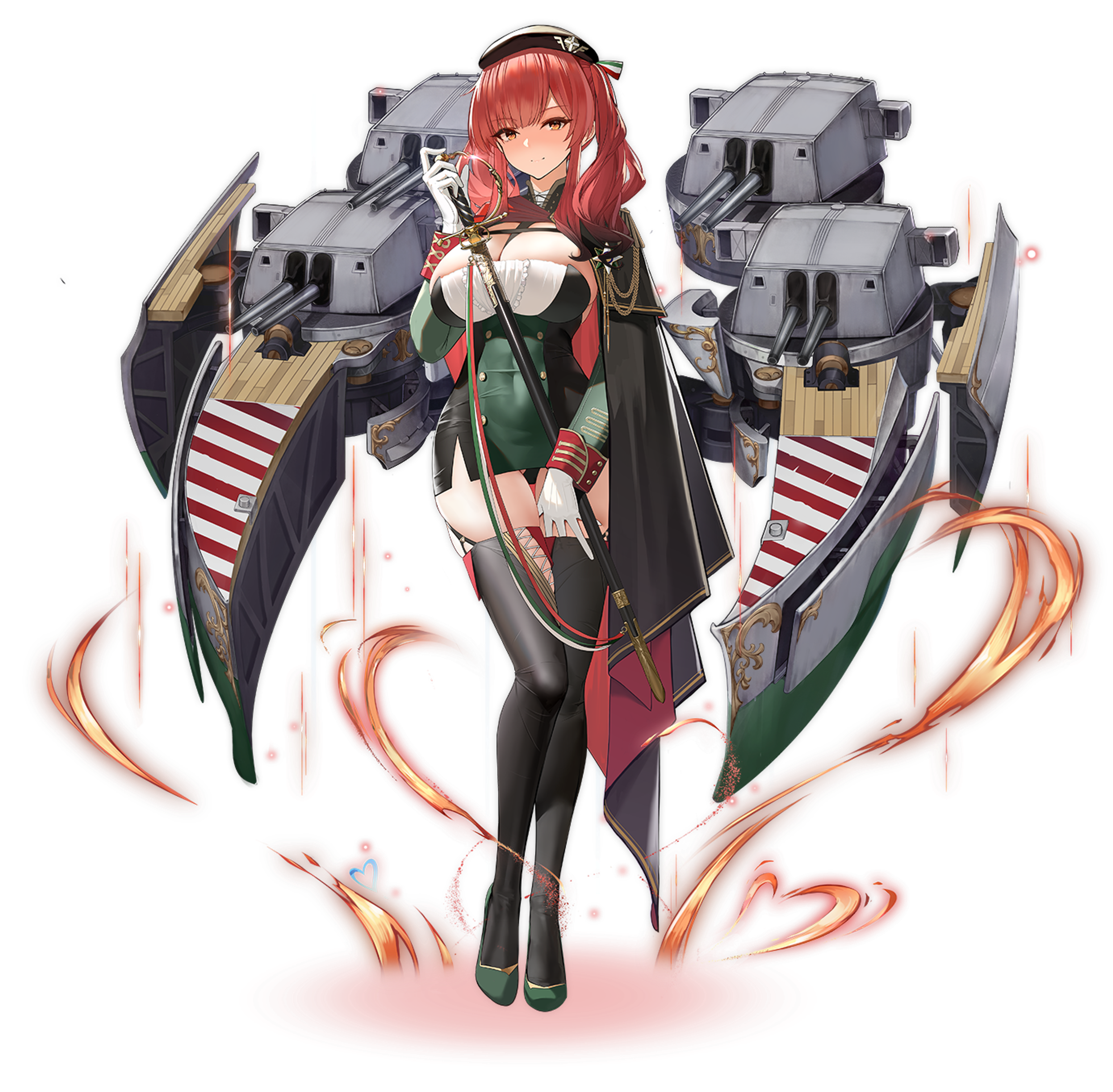 A female naval character with red hair and a confident, elegant posture, surrounded by military equipment.