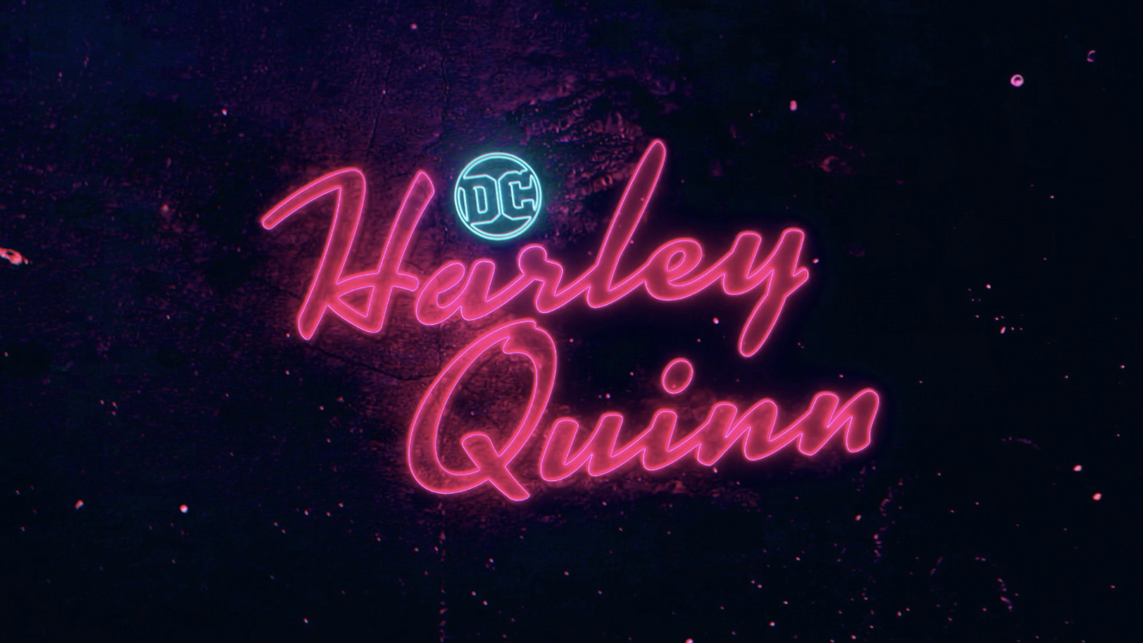 Neon sign with 'Harley Quinn' text in pink and teal colors against a dark, starry night sky background.