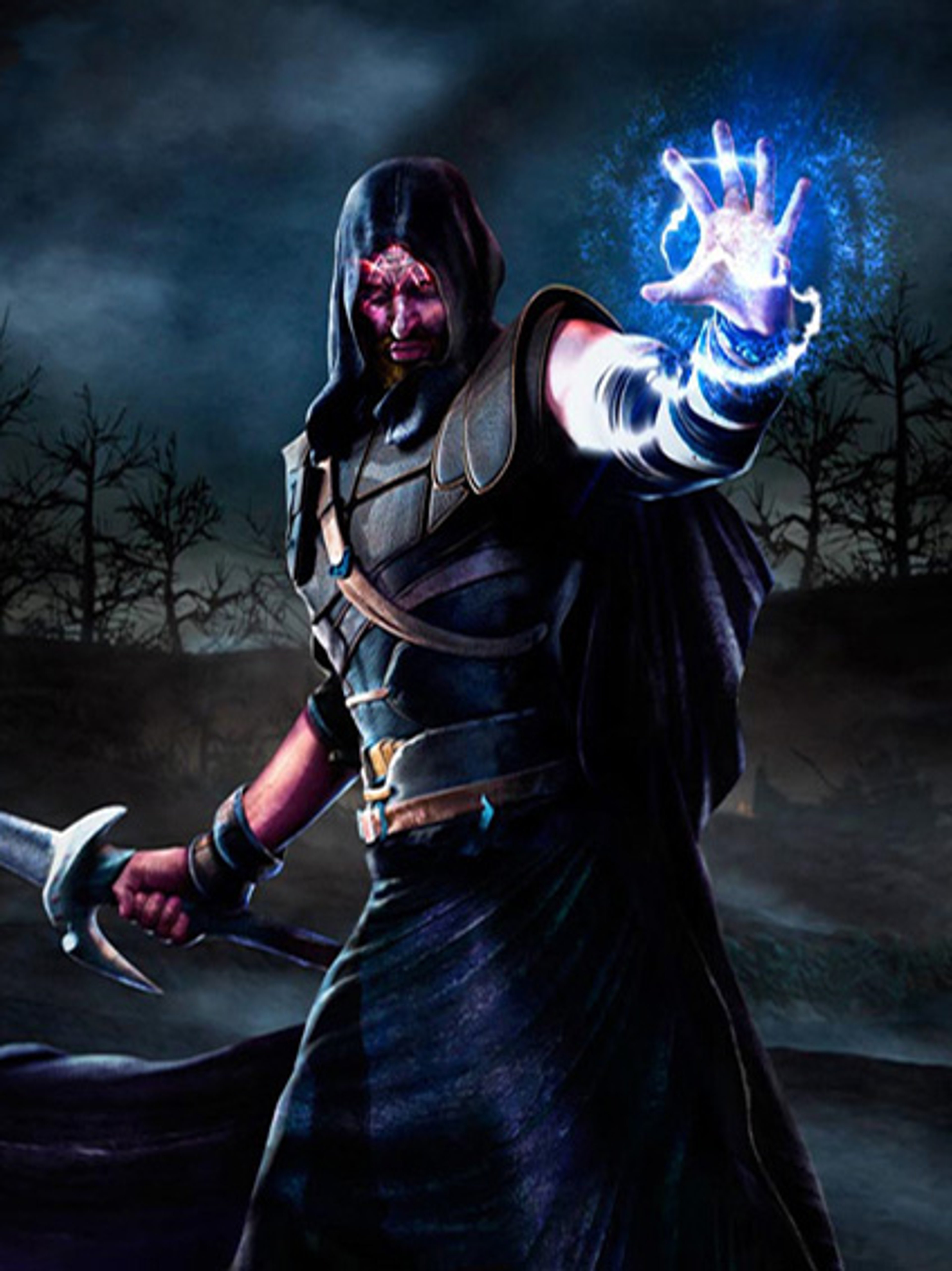 A powerful, ominous-looking warlock character with glowing tattoos and magical energy in his hand