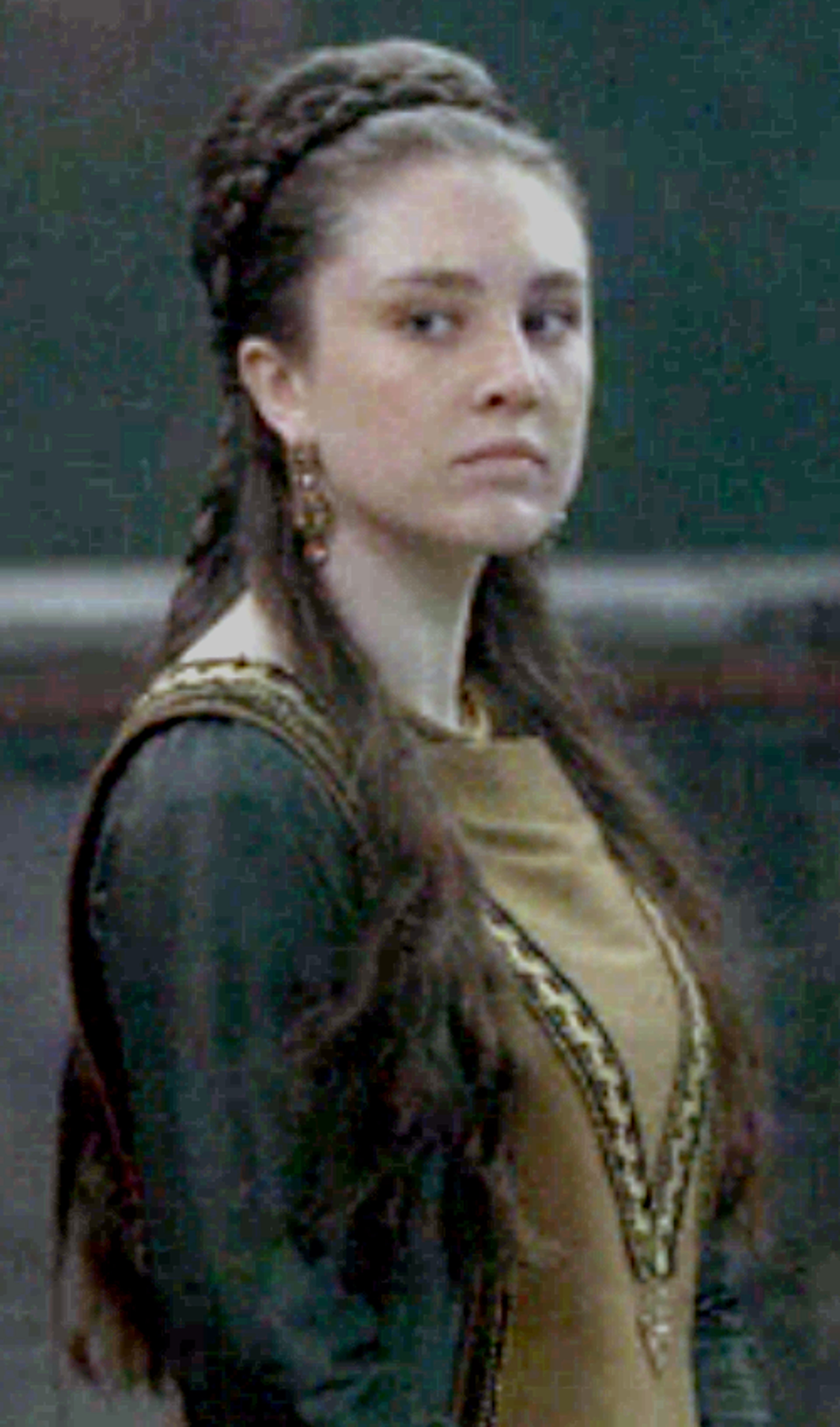 A young woman with braided dark hair wearing an ornate green and gold dress