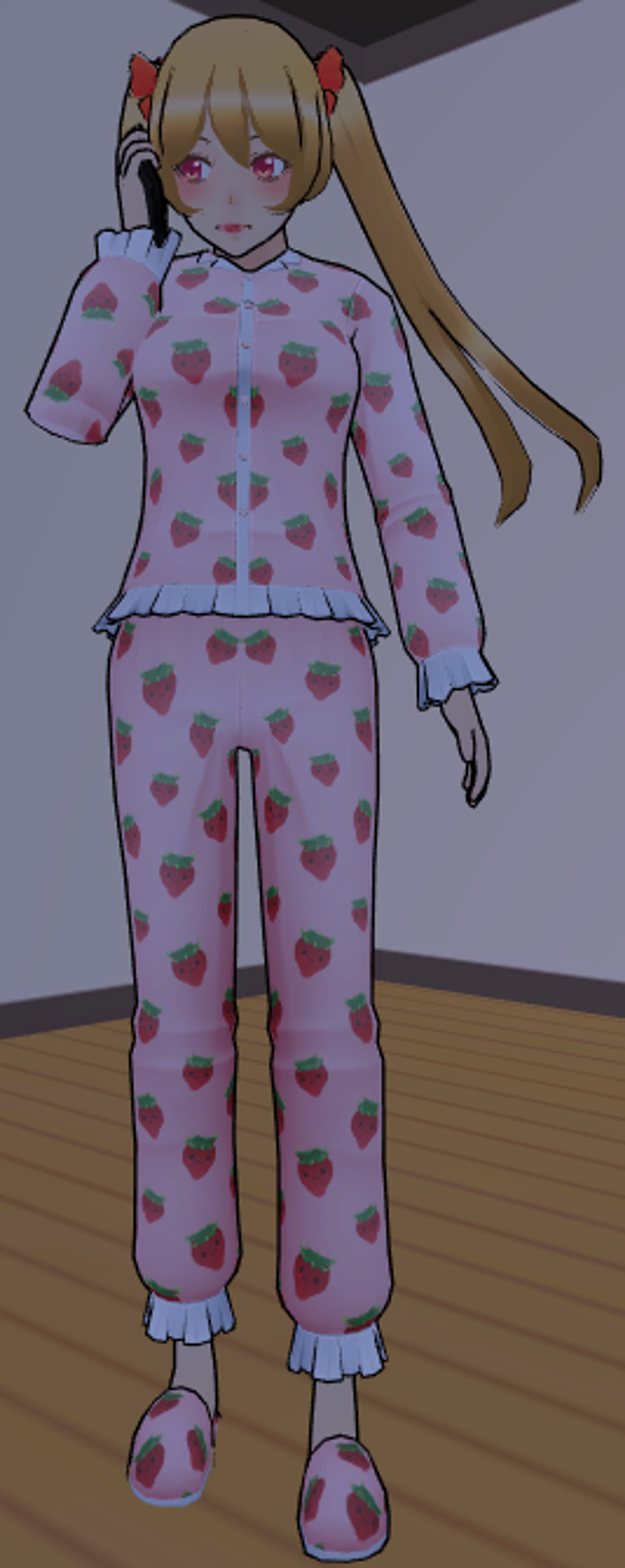 An anime-style character with long blonde hair in pigtails wearing a pink and white polka dot pajama set with a strawberry pattern.