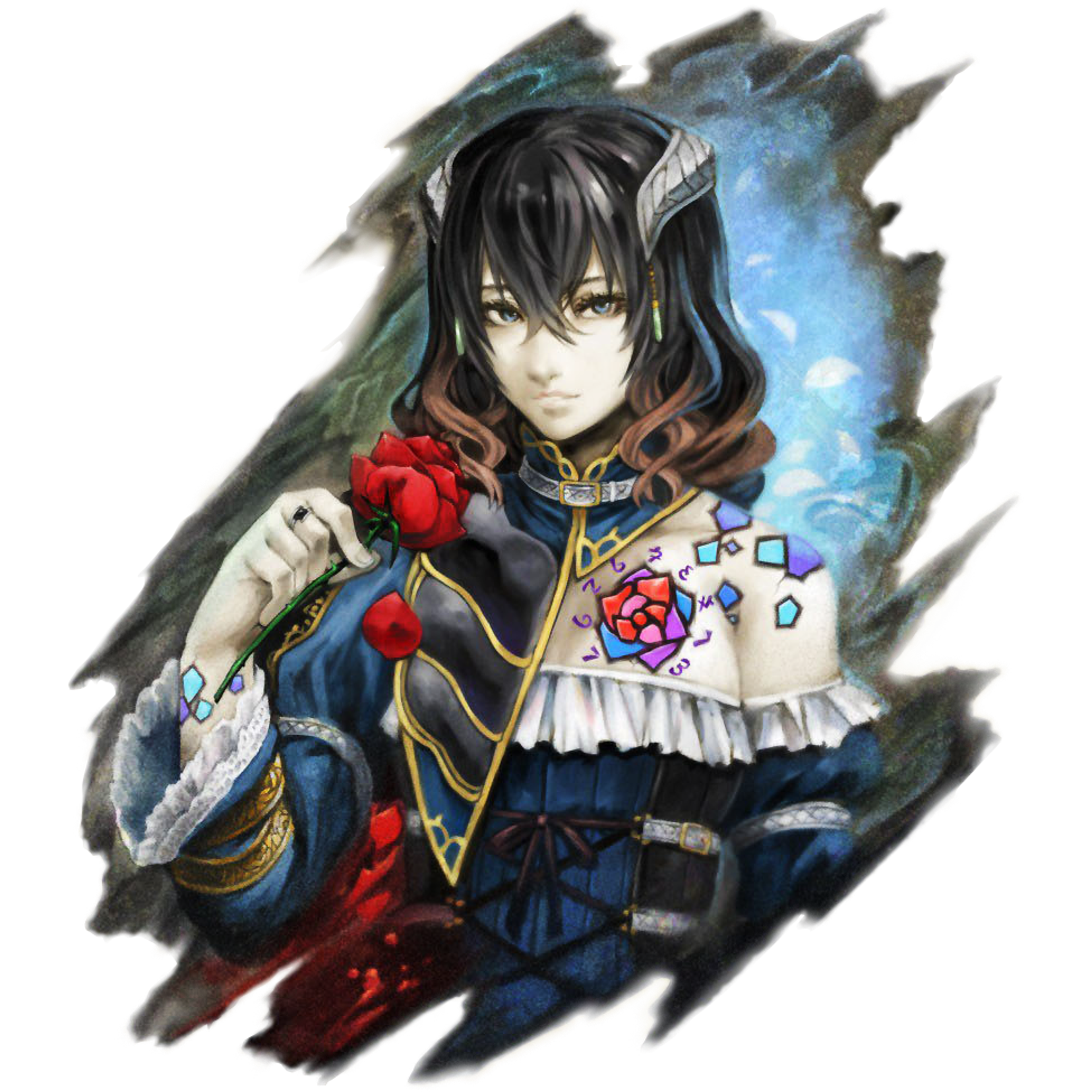 A young woman with dark hair and red eyes, wielding demonic or magical power.