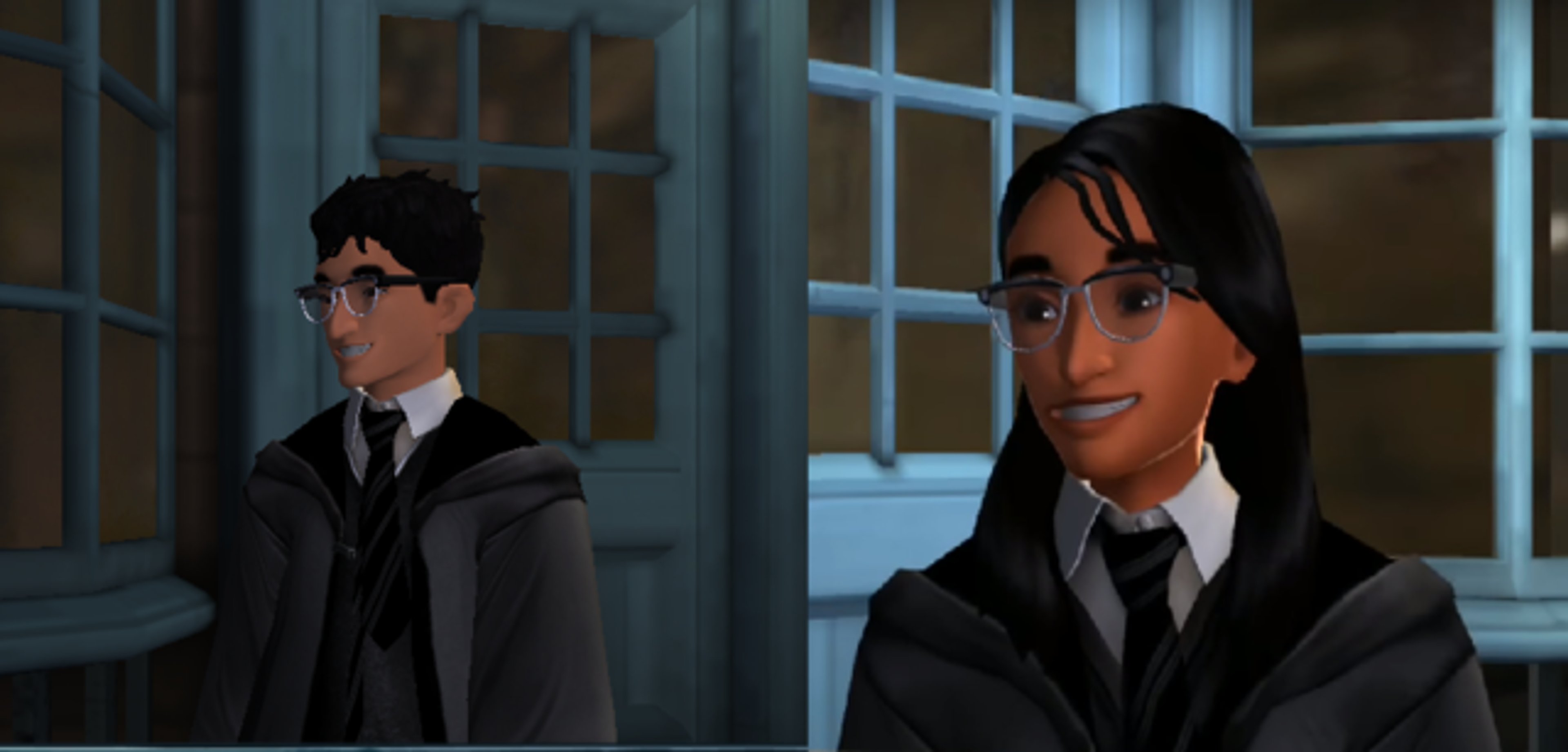 Two Hogwarts students, one with glasses and a serious expression, the other with a friendly, enthusiastic expression.