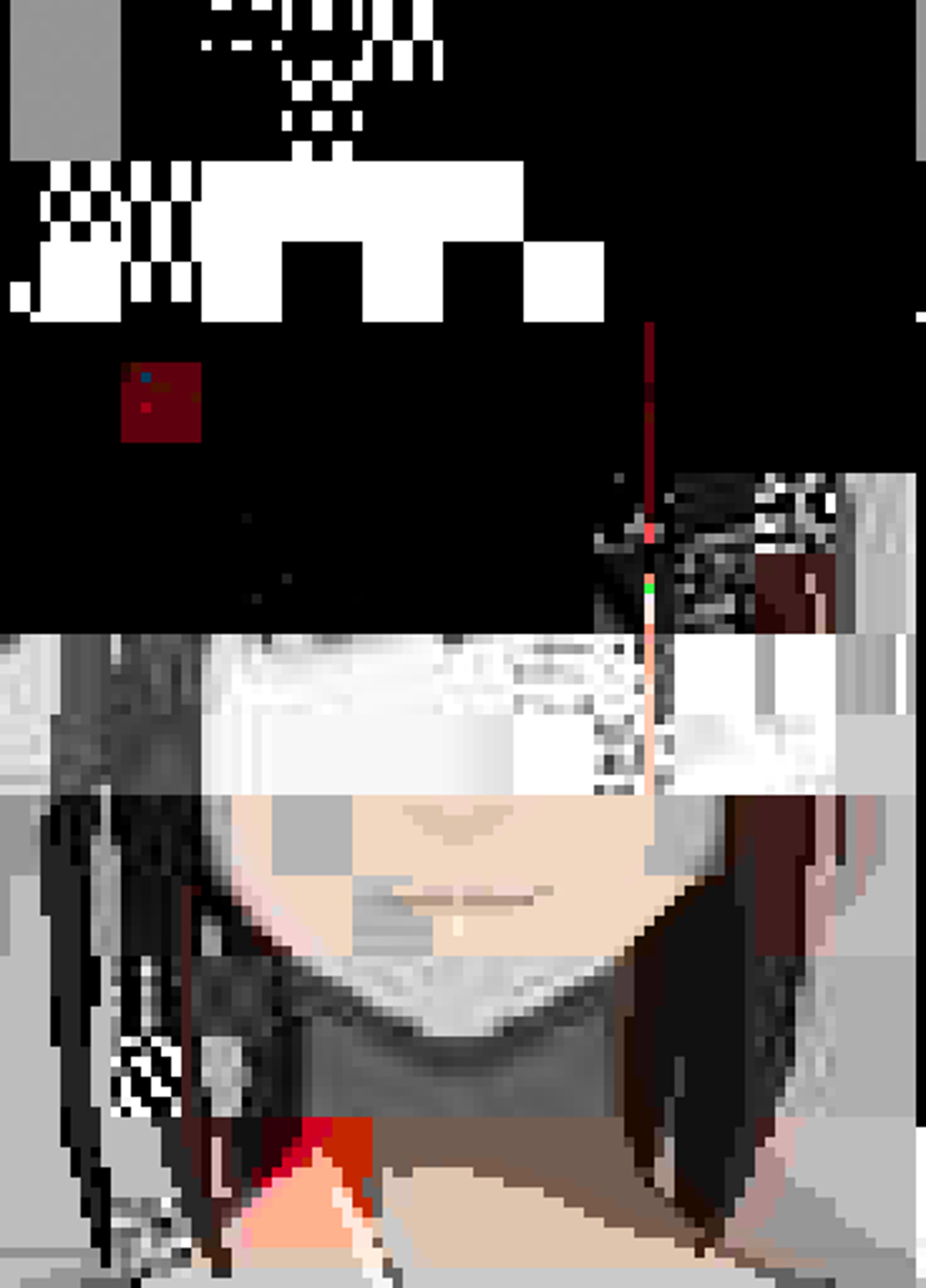 A detailed pixel art character with a serious, haunted expression