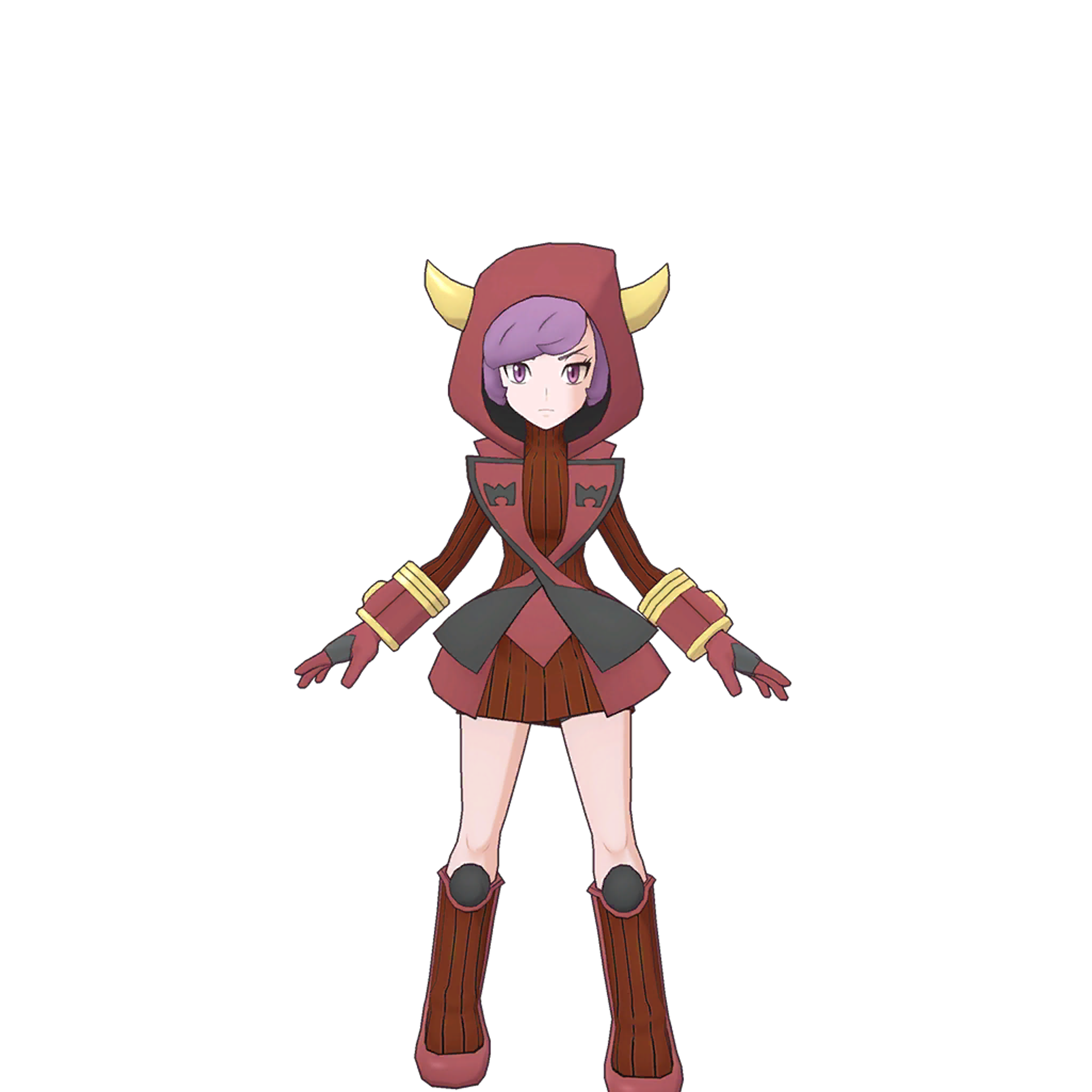 An anime-style character with purple hair and a red hooded outfit