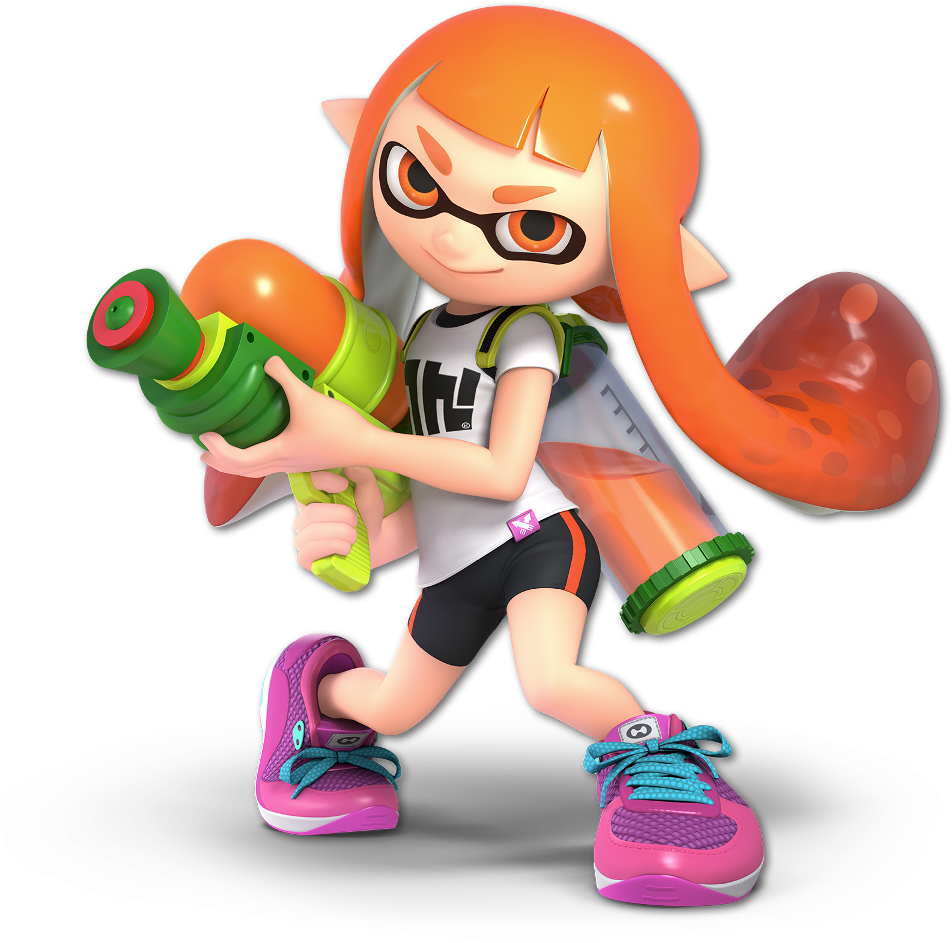 An Inkling girl character with green hair and teal eyes, holding a green ink-based weapon and wearing a stylish outfit.