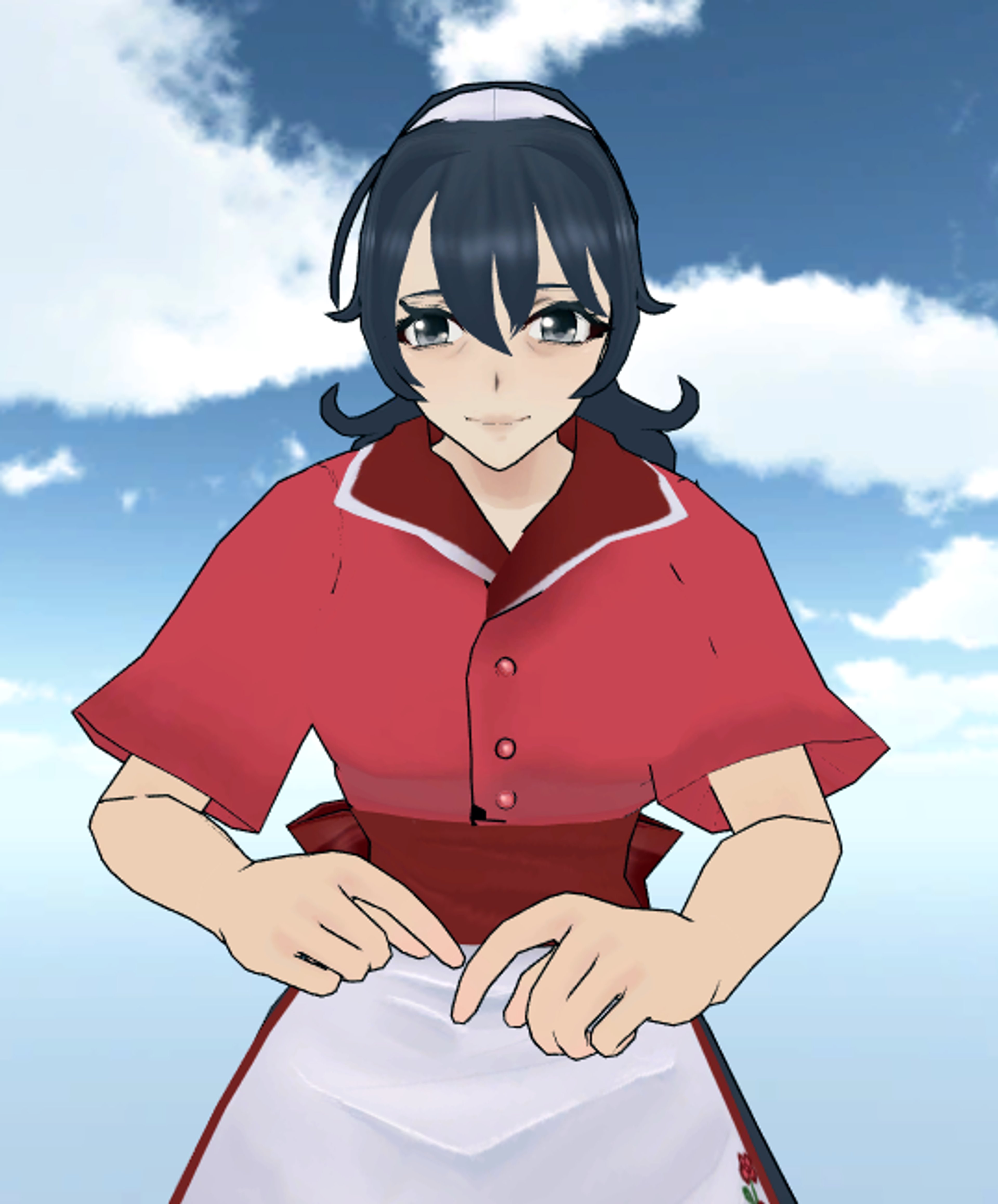 An anime-style character with wavy dark gray hair wearing a red school uniform