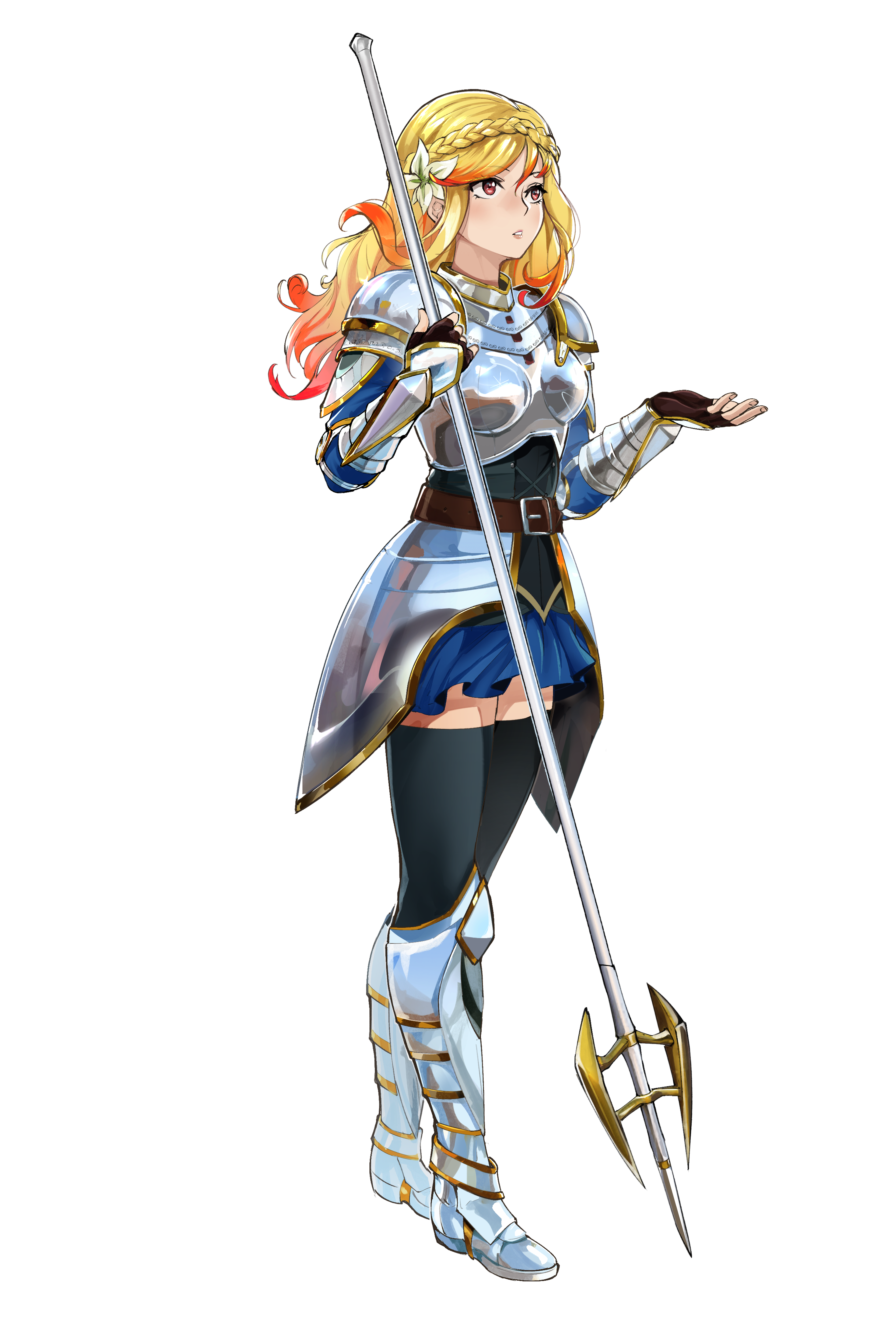A female fantasy knight or warrior princess character holding a large lance or spear.