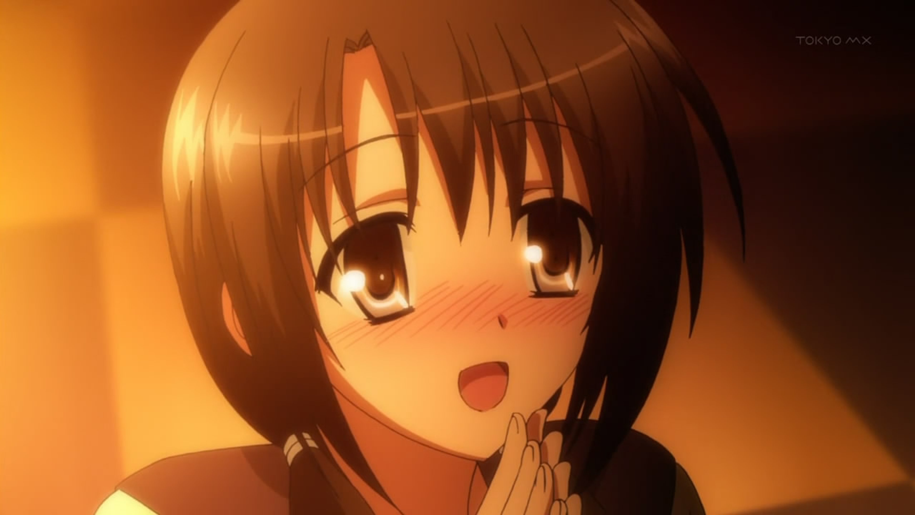 An anime-style character with brown hair in pigtails, wearing a school uniform and having a friendly, shy expression.