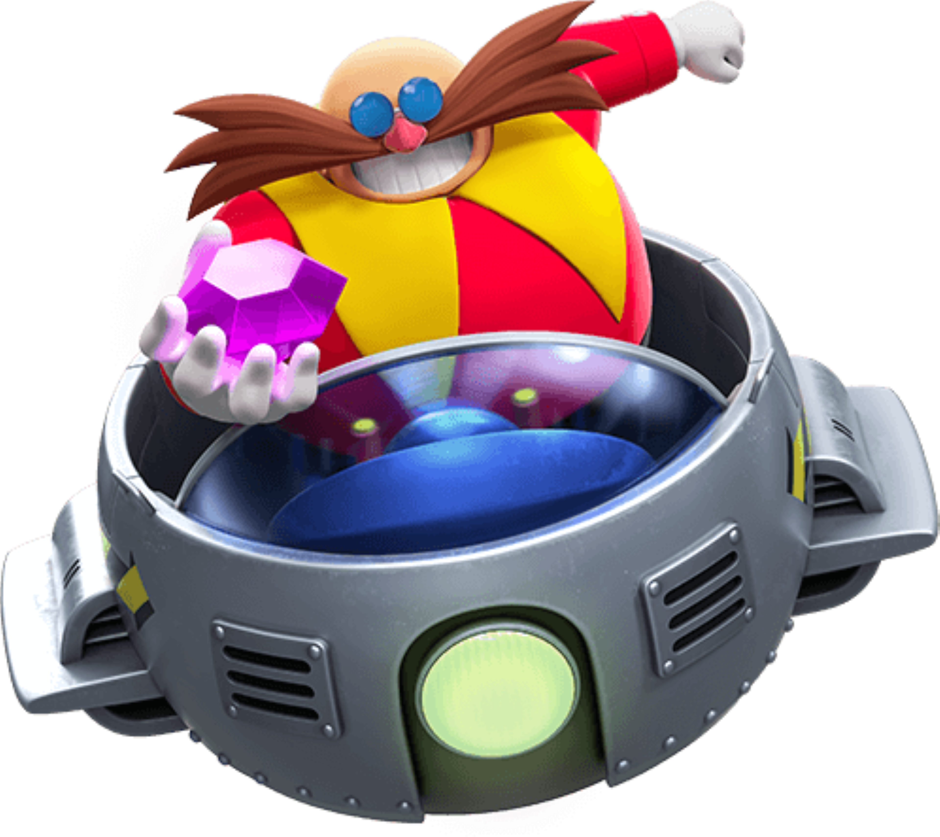 A cartoon character named Dr. Eggman sitting in a futuristic vehicle