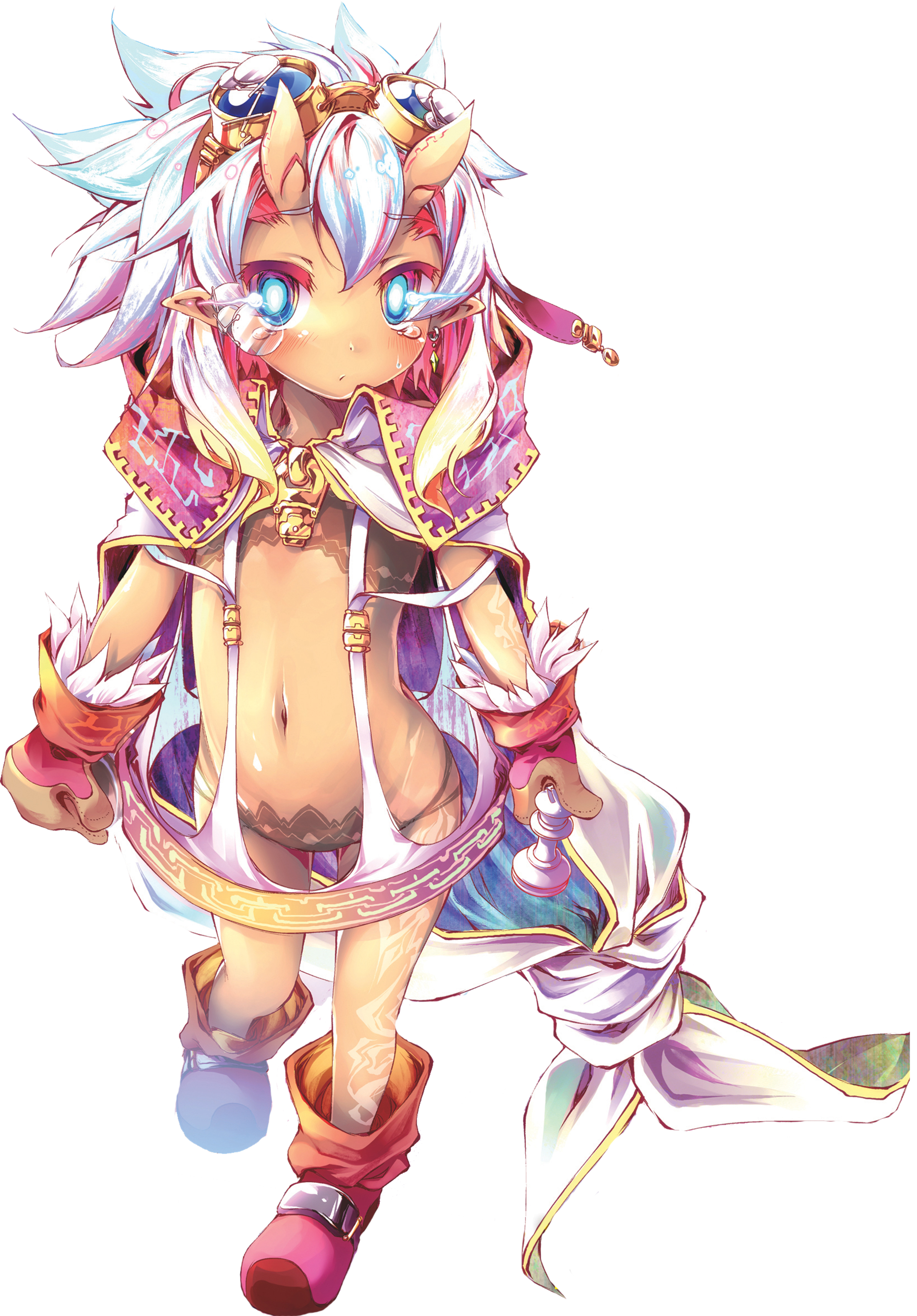 An anime-style character with messy platinum and yellow hair, azure eyes, and distinctive markings, wearing a large white cloak, goggles, and a monocle.