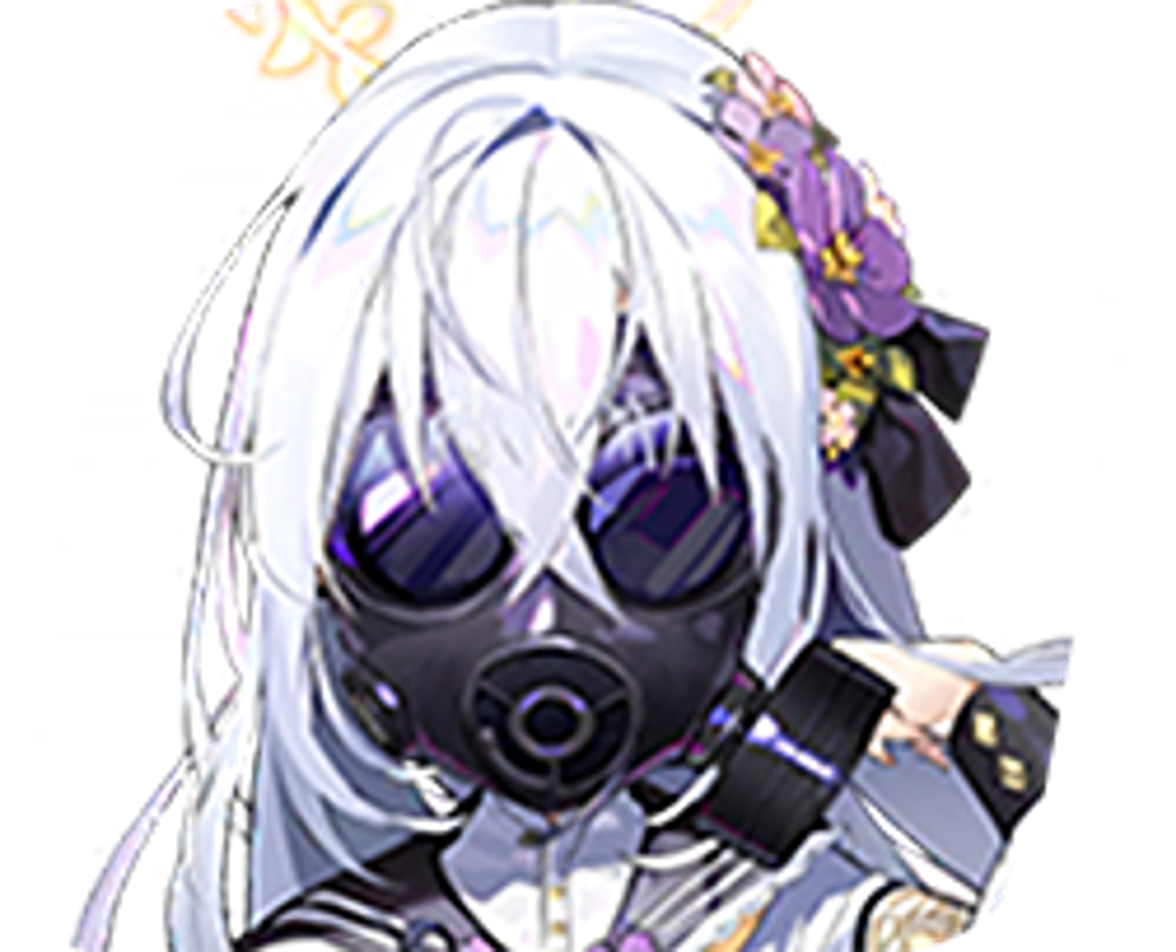 A young woman with silver hair wearing a black gas mask-like accessory and a black and purple military-style outfit