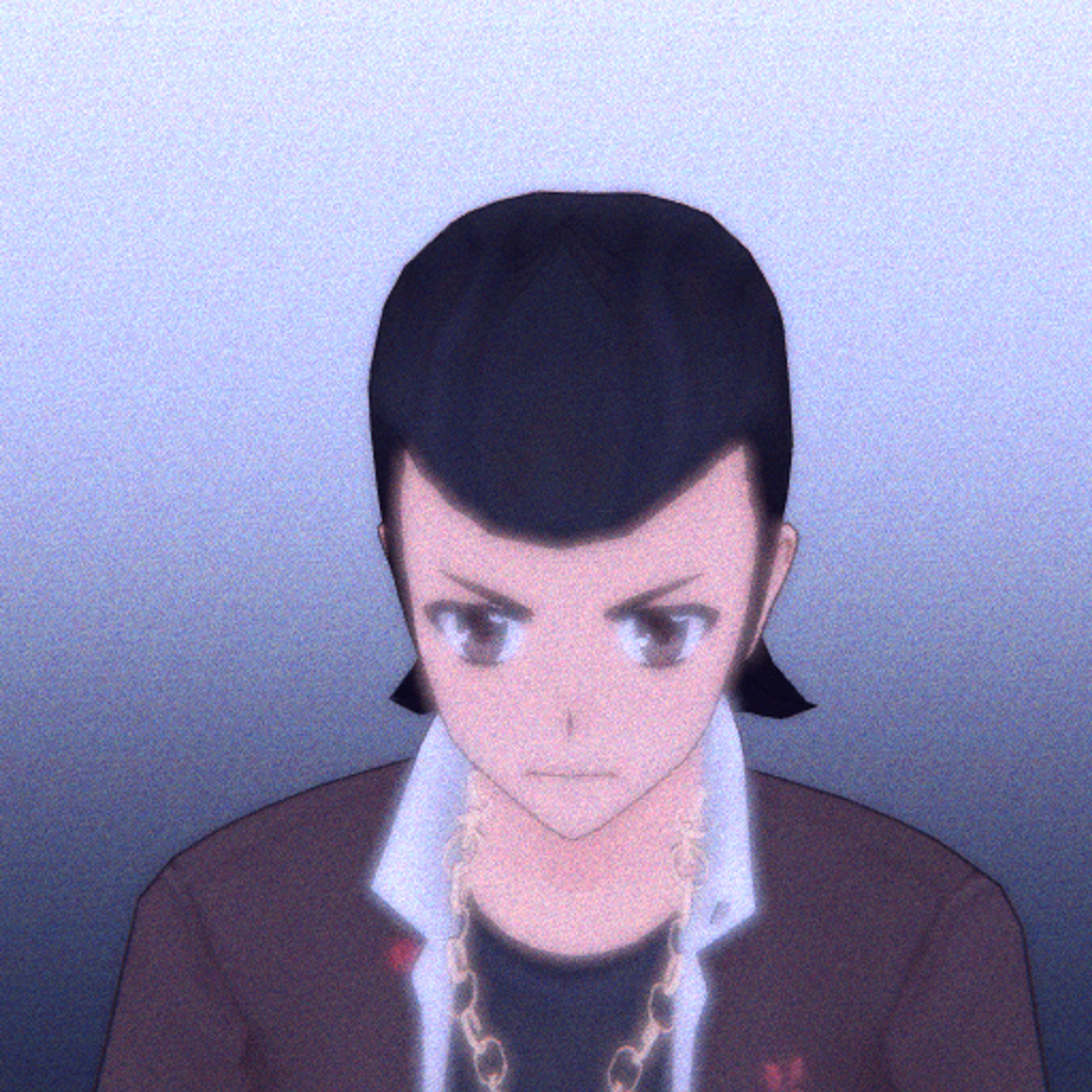 An anime-style character with a pompadour hairstyle and an unbuttoned blazer