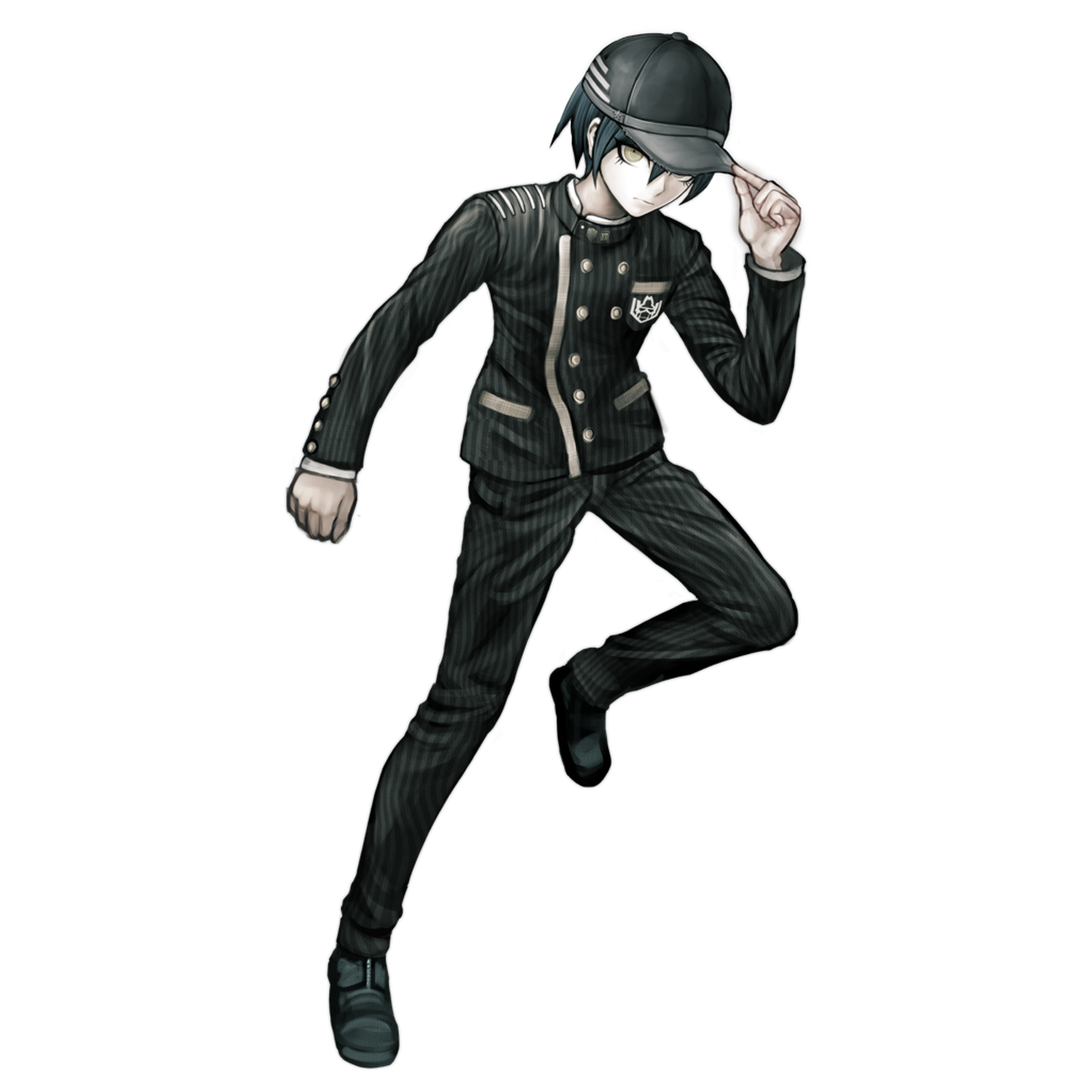 A young man in a black suit and hat standing in a dark background