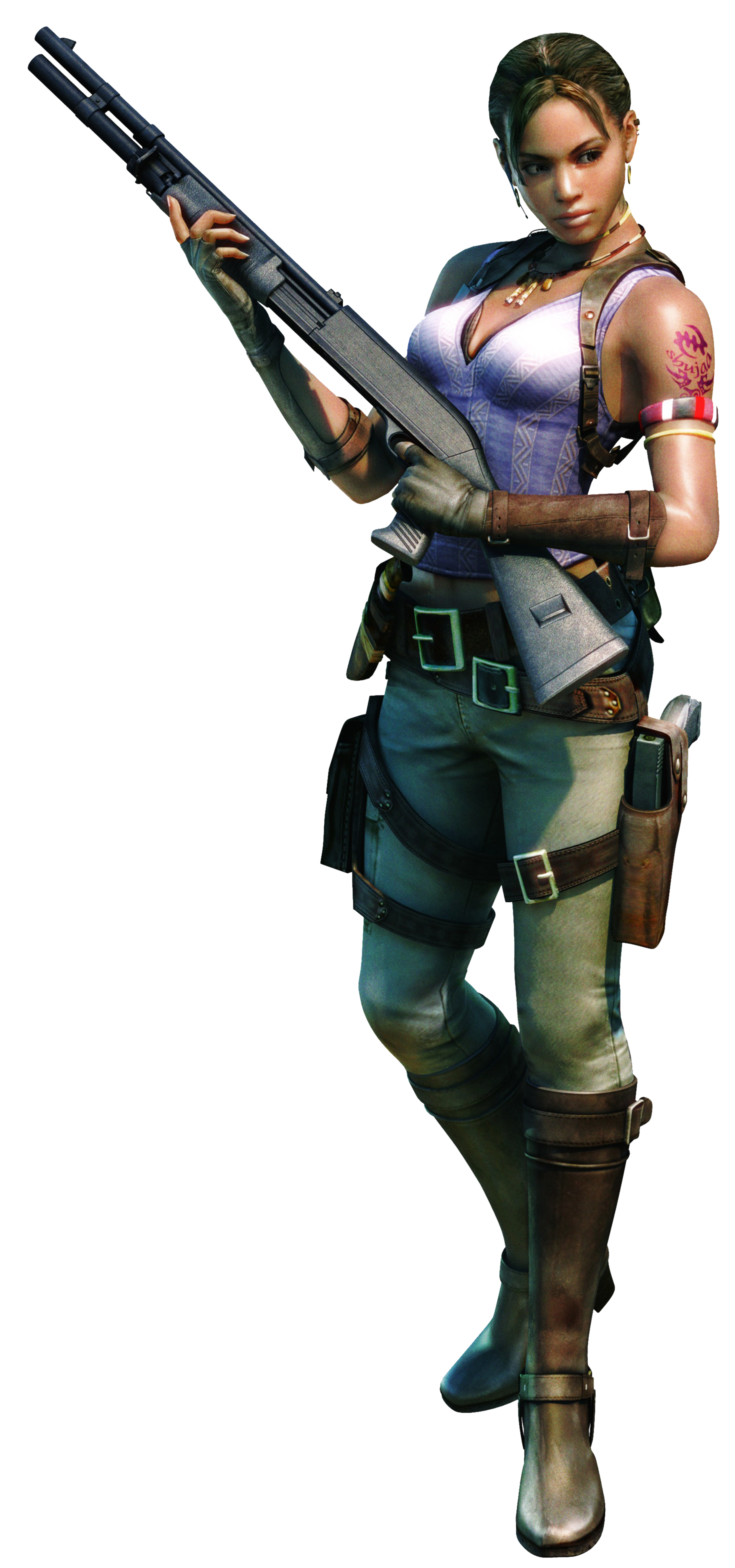 A female soldier character from the Resident Evil video game series, holding a large firearm.