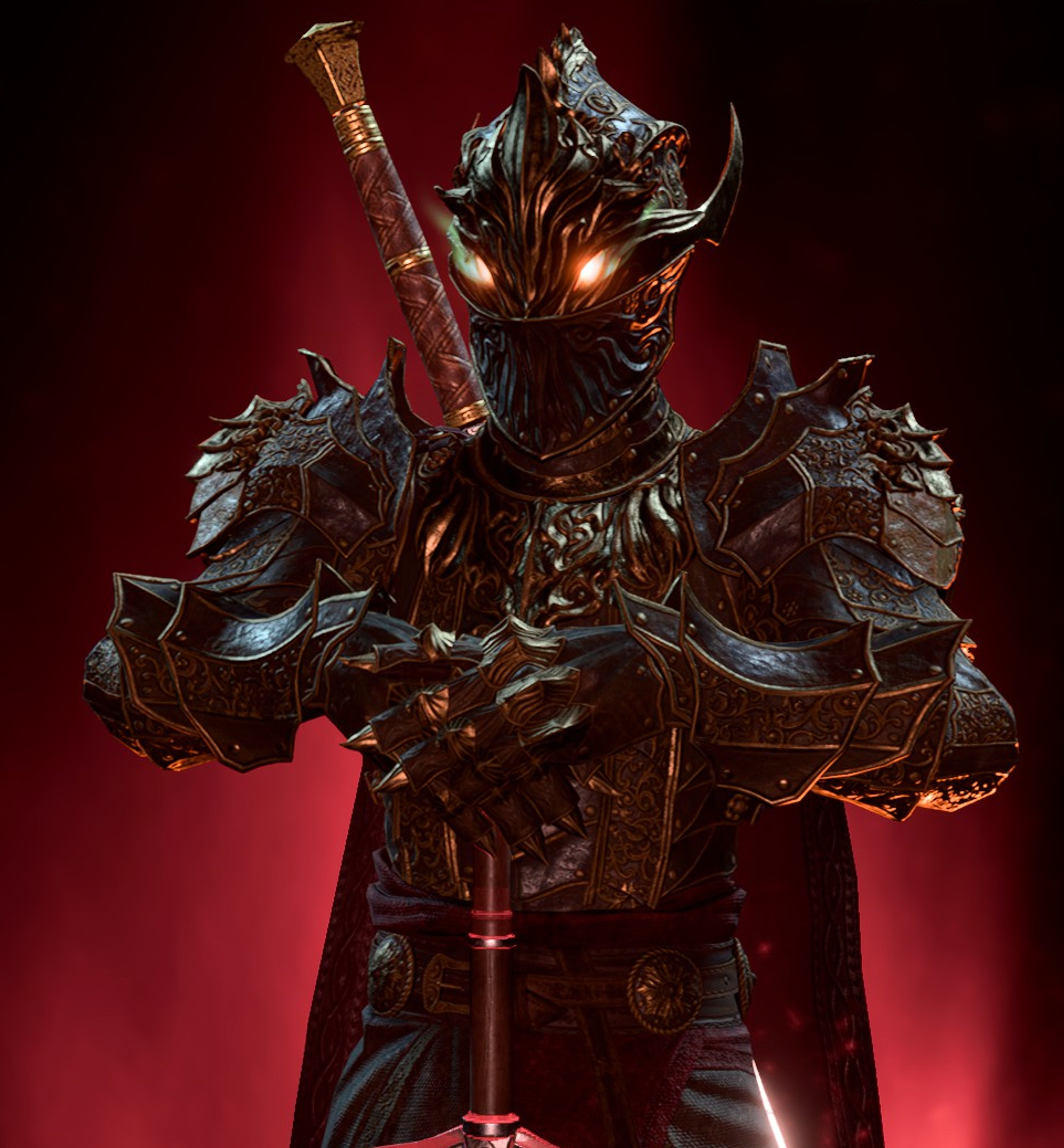 Dark fantasy supernatural knight in full plate armor with a blood-red cape