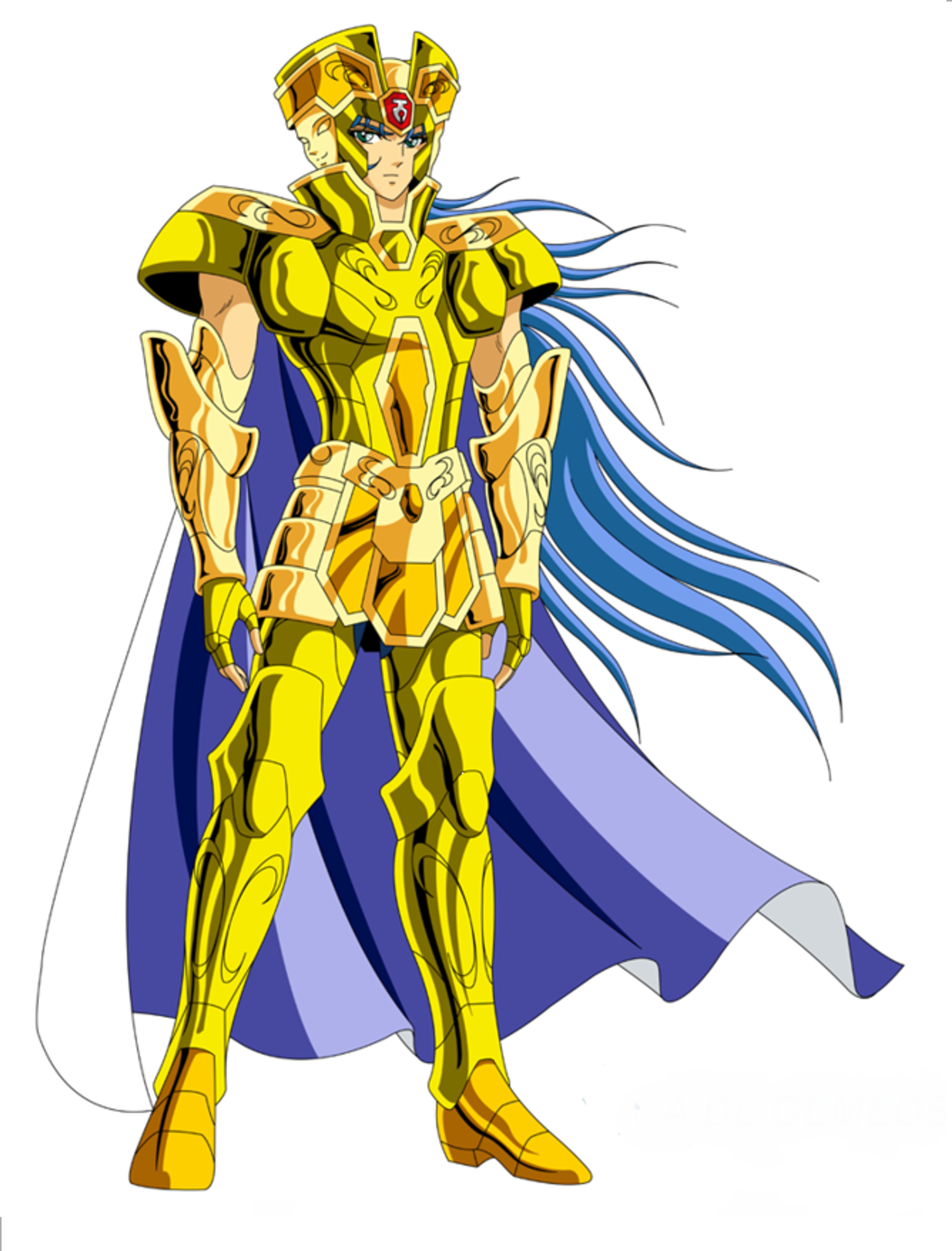 A powerful gold saint warrior in golden armor with long blue hair