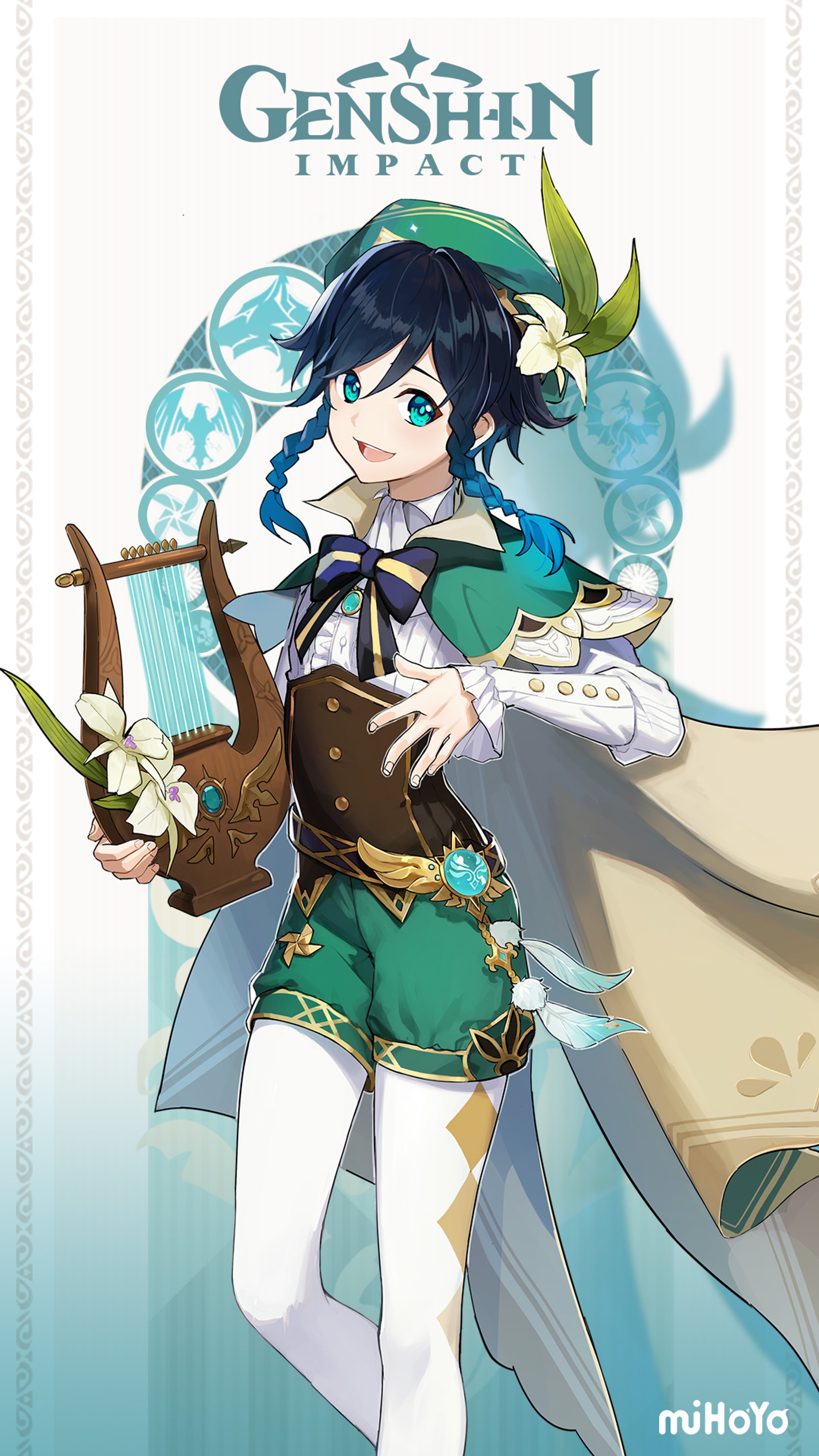 An anime-style character with blue-green hair, wearing a green hat, a white shirt, and brown pants, holding a lyre in a relaxed pose.