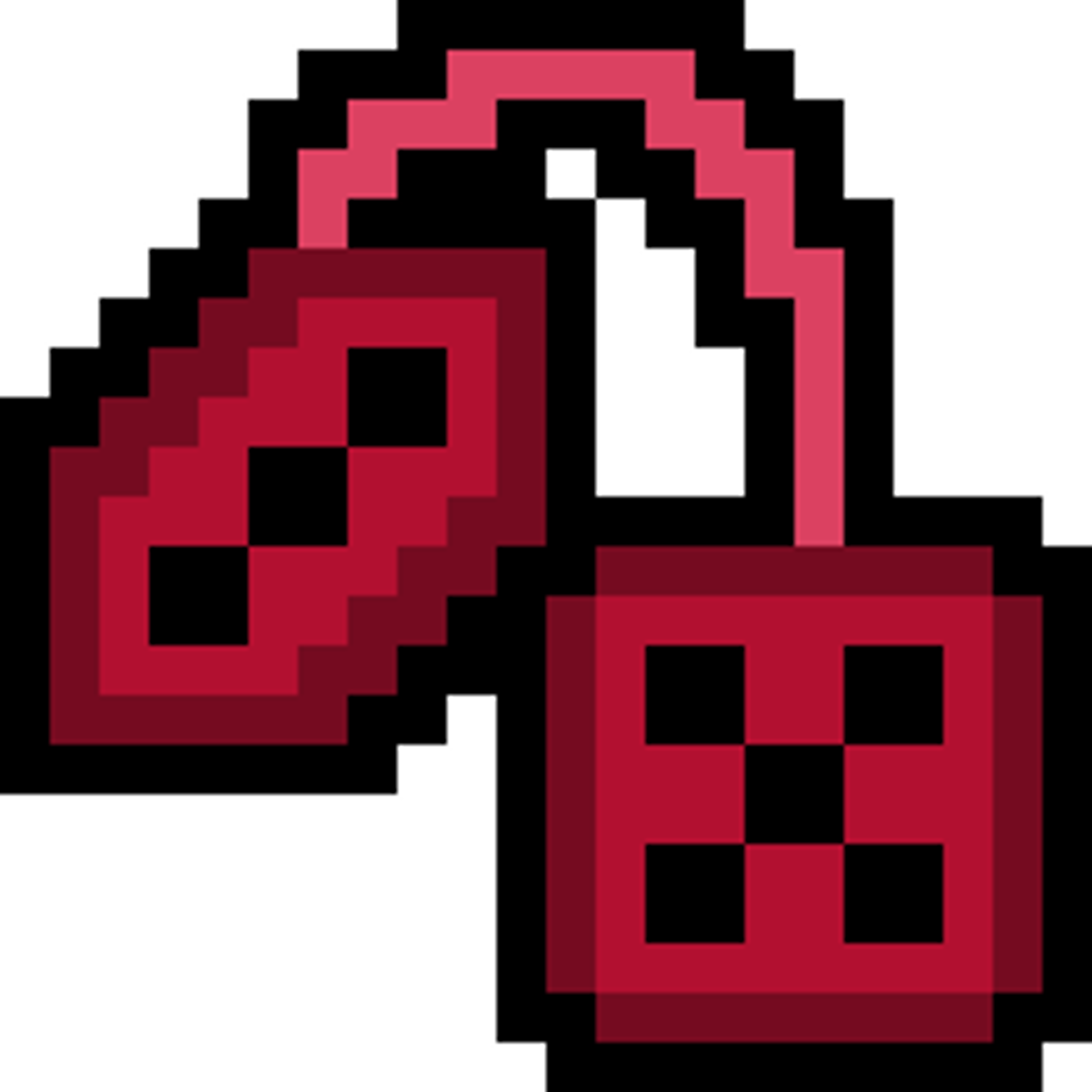 Two red, pixelated dice with black dots on their faces